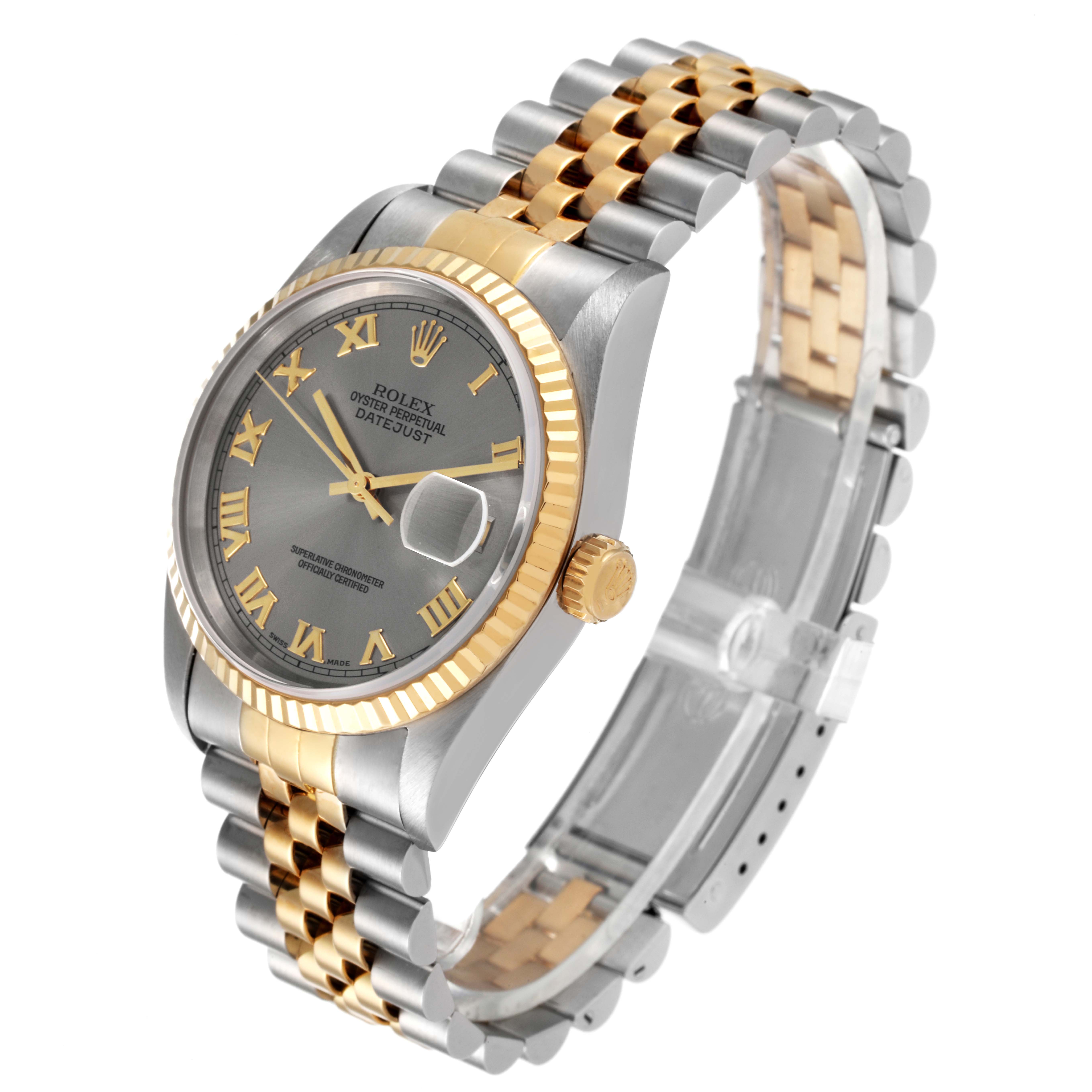 The image shows a Rolex Datejust 16233 Men's Steel and Gold (two tone) Grey Dial 16233 Men's Steel and Gold (two tone) Grey Dial watch at a three-quarter angle, displaying the face, bezel, and two-tone bracelet.