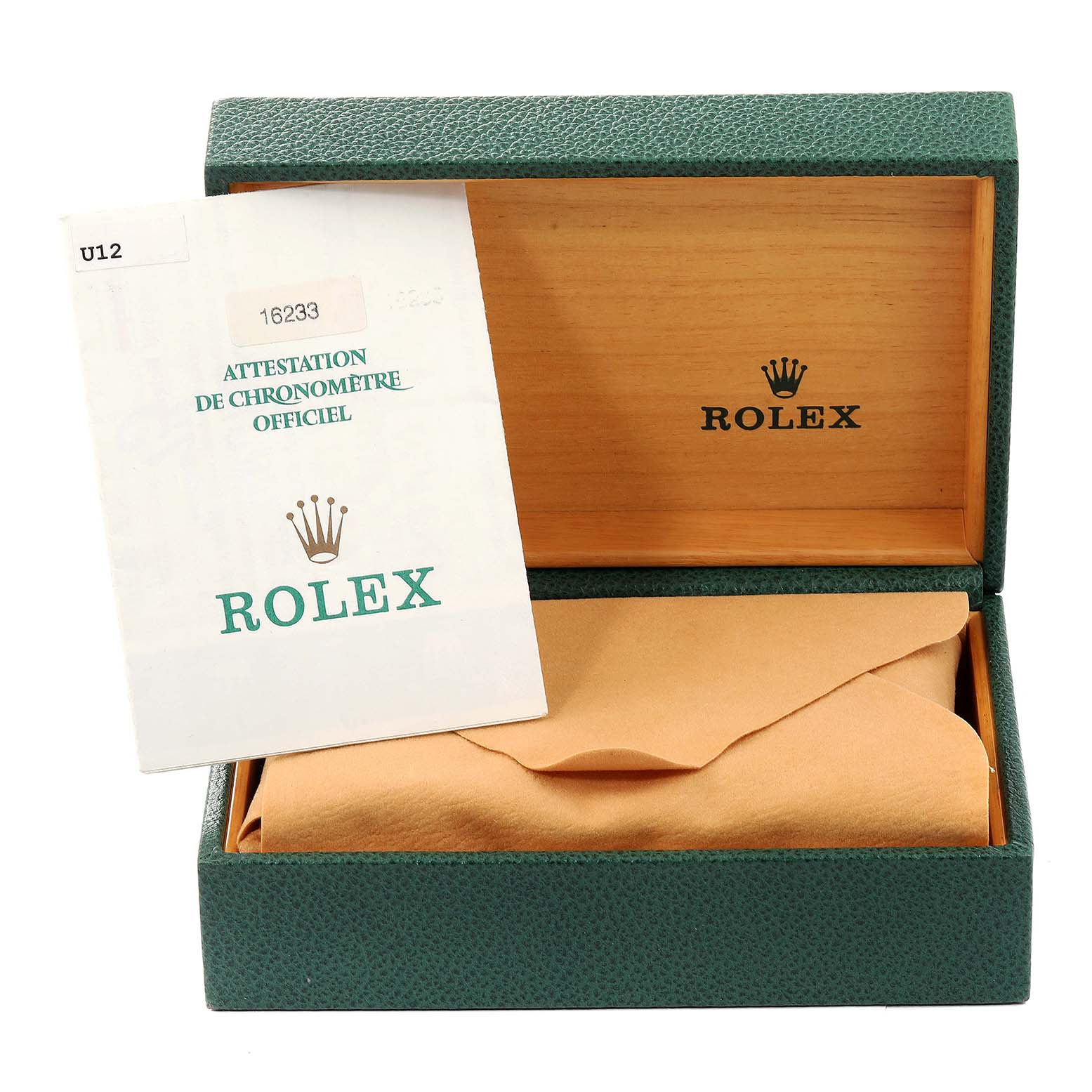 The image shows an open green Rolex box with paperwork and a wrapped item, likely a Rolex Datejust 16233 Men's Steel and Gold (two tone) Grey Dial 16233 Men's Steel and Gold (two tone) Grey Dial watch.