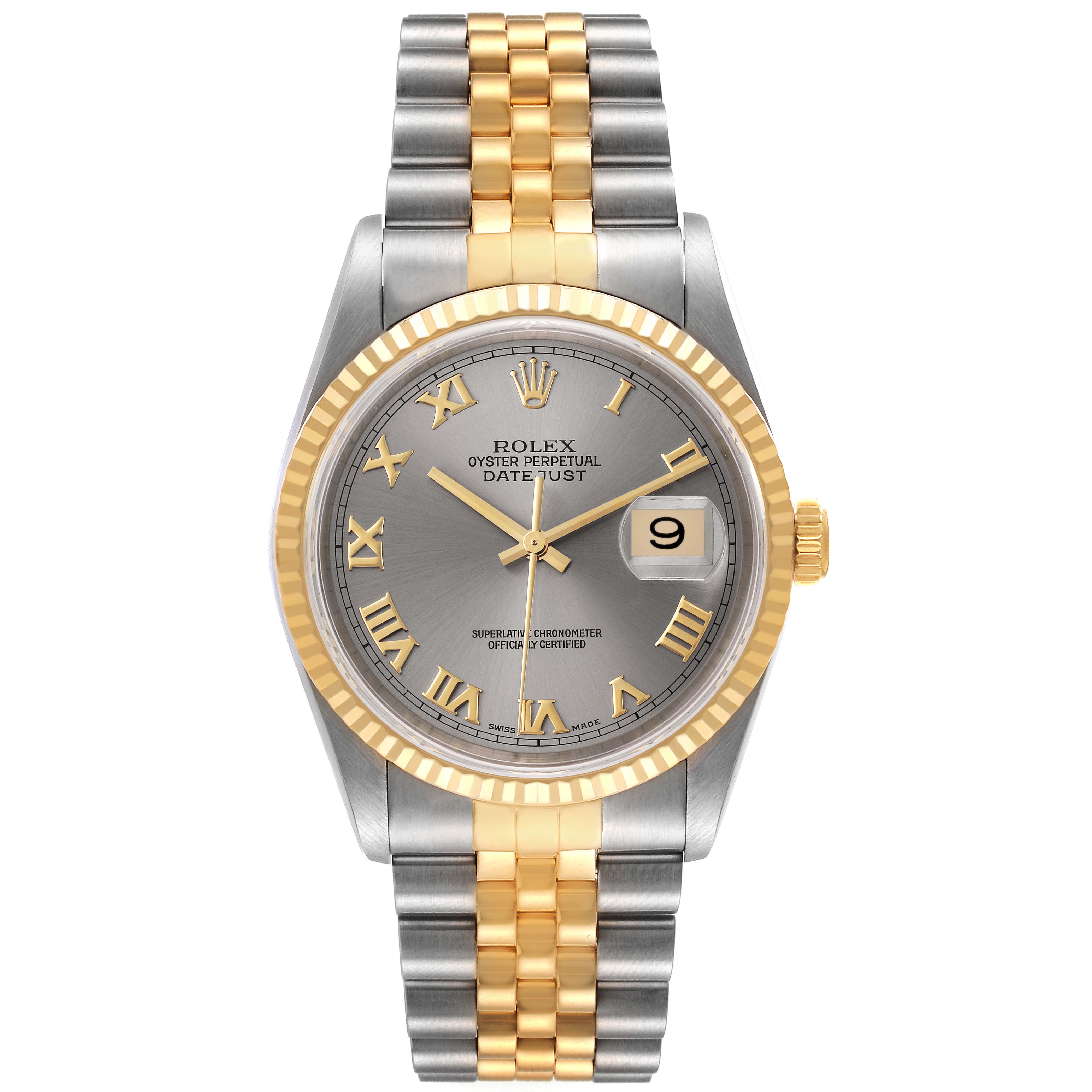 This image shows a front view of a Rolex Datejust 16233 Men's Steel and Gold (two tone) Grey Dial 16233 Men's Steel and Gold (two tone) Grey Dial watch, revealing the dial, hands, bezel, date window, and bracelet.