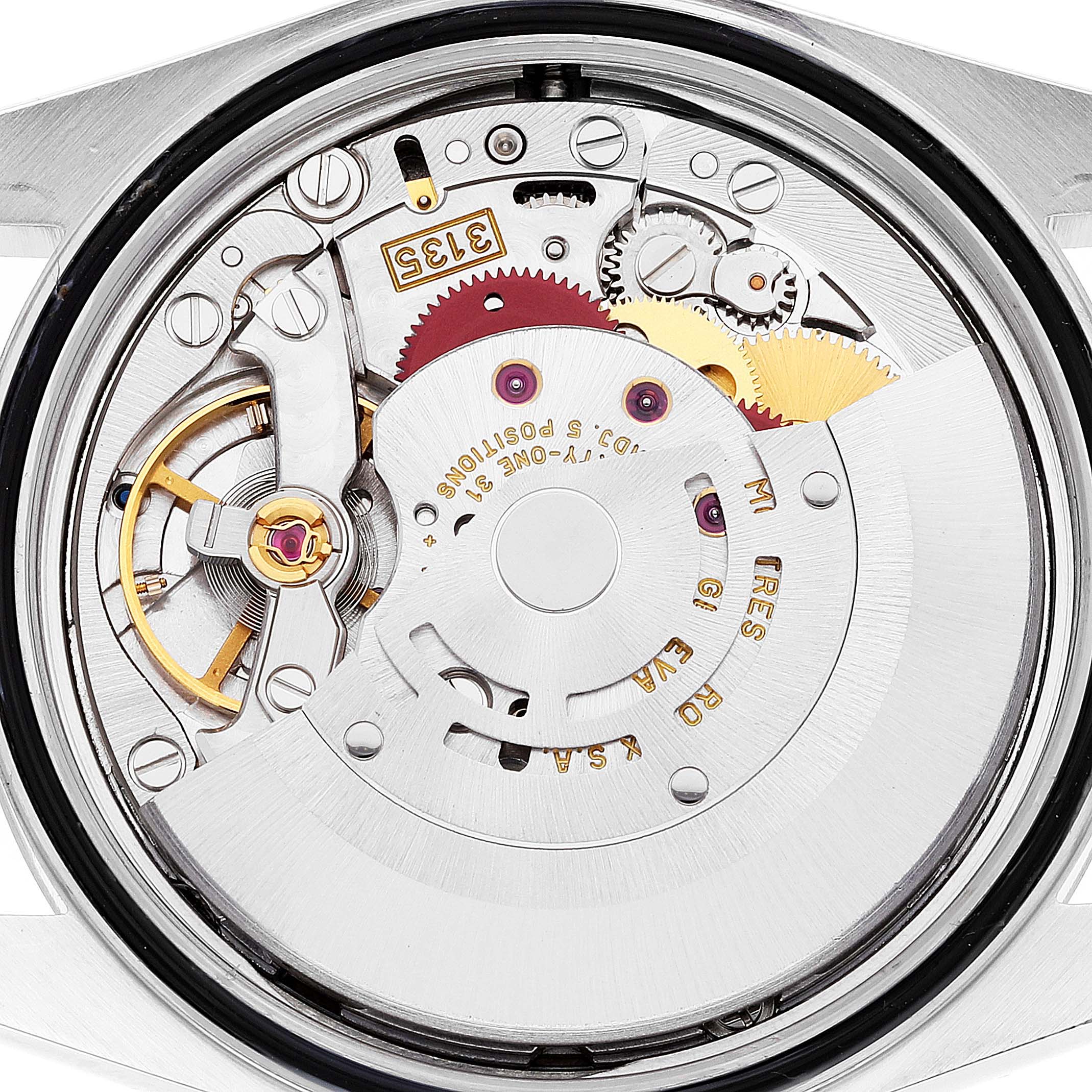 This image shows the intricate internal mechanism of a Rolex Datejust 16233 Men's Steel and Gold (two tone) Grey Dial 16233 Men's Steel and Gold (two tone) Grey Dial watch from a top-down angle.