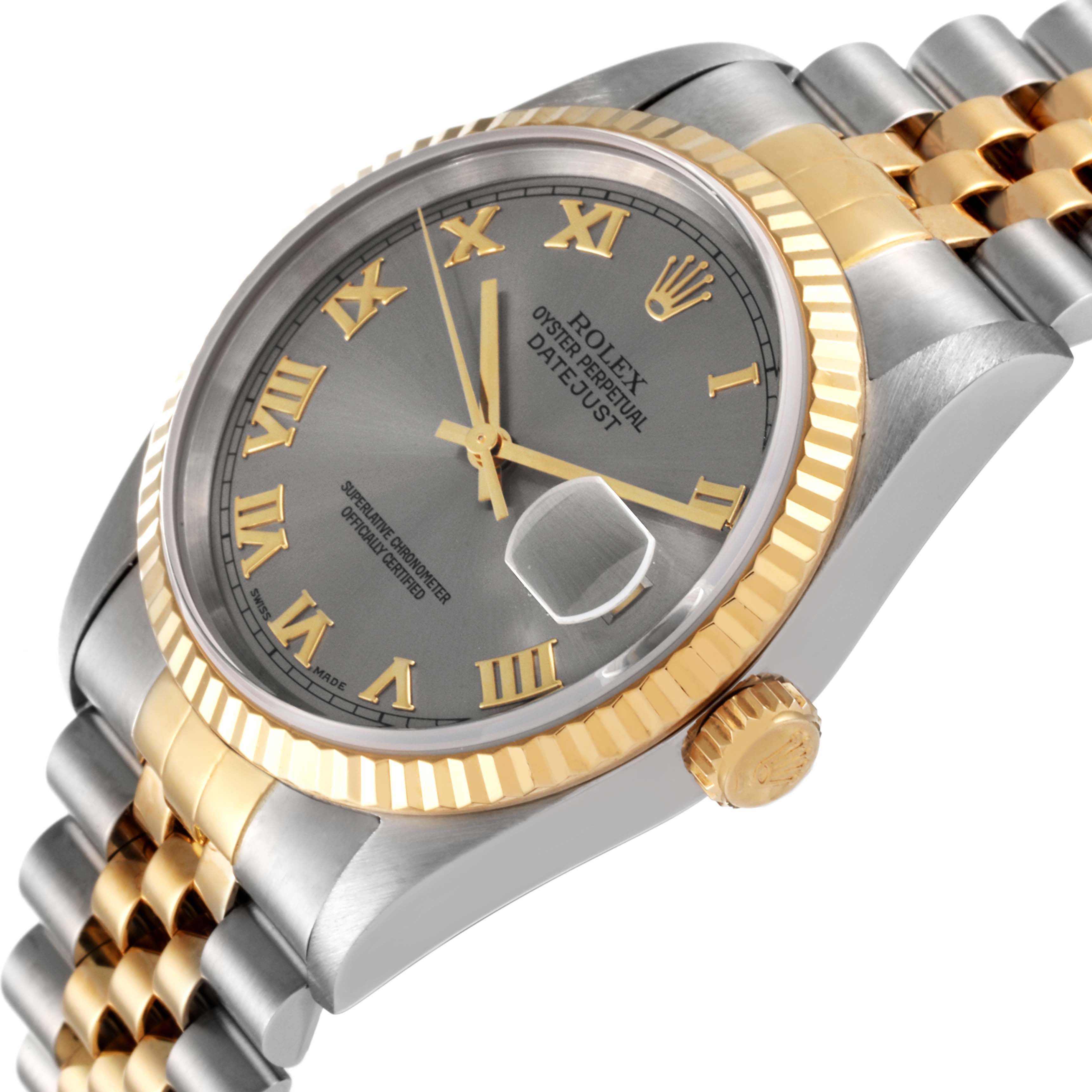 This image shows the angled face and part of the bracelet of a Rolex Datejust 16233 Men's Steel and Gold (two tone) Grey Dial 16233 Men's Steel and Gold (two tone) Grey Dial watch, highlighting its silver dial and gold accents.