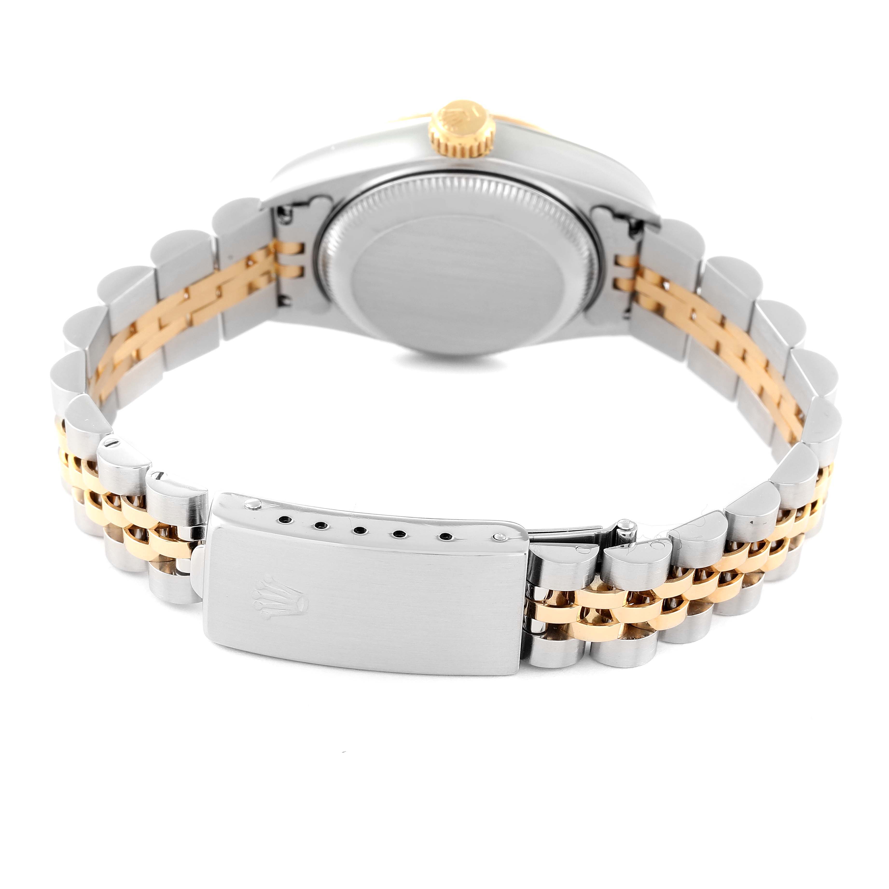 The image shows the back view of a Rolex Datejust 69173 Women's Steel and Gold (two tone) Grey Dial 69173 Women's Steel and Gold (two tone) Grey Dial watch, including the clasp, bracelet, and case with crown.