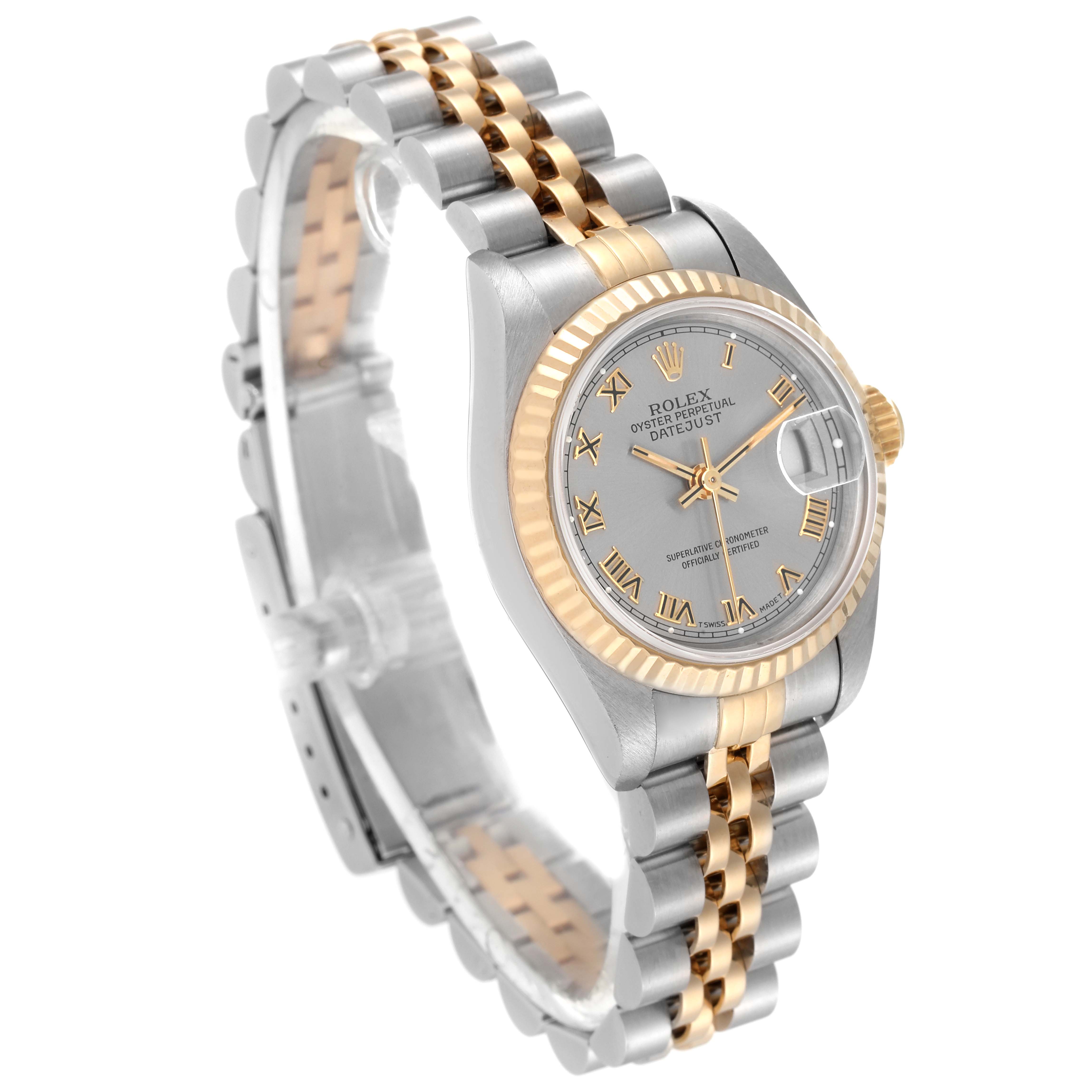 This Rolex Datejust 69173 Women's Steel and Gold (two tone) Grey Dial 69173 Women's Steel and Gold (two tone) Grey Dial watch is shown at a 3/4 angle, displaying the face, bezel, bracelet, and crown.
