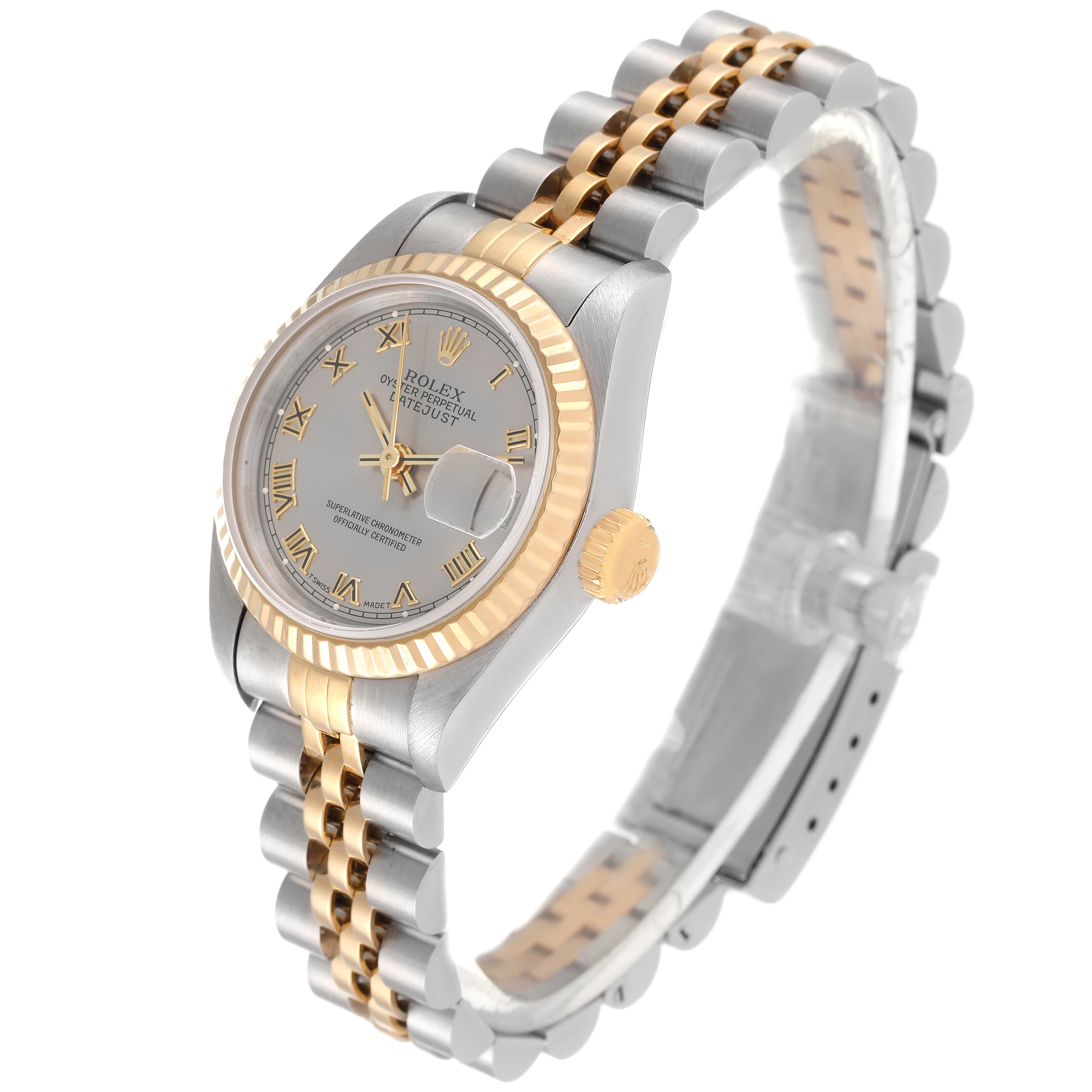 The image shows a three-quarter view of a Rolex Datejust 69173 Women's Steel and Gold (two tone) Grey Dial 69173 Women's Steel and Gold (two tone) Grey Dial watch, highlighting the face, bracelet, and crown.