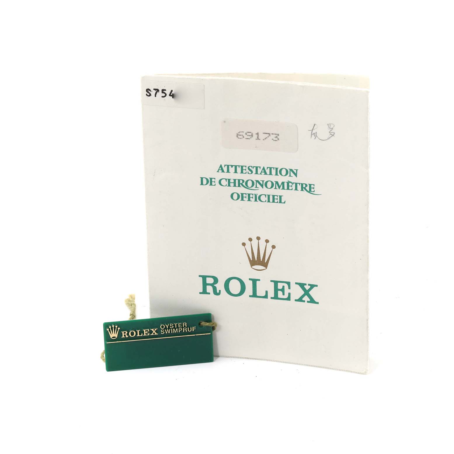 The image shows the official chronometer certification and a tag for the Rolex Datejust 69173 Women's Steel and Gold (two tone) Grey Dial 69173 Women's Steel and Gold (two tone) Grey Dial model.