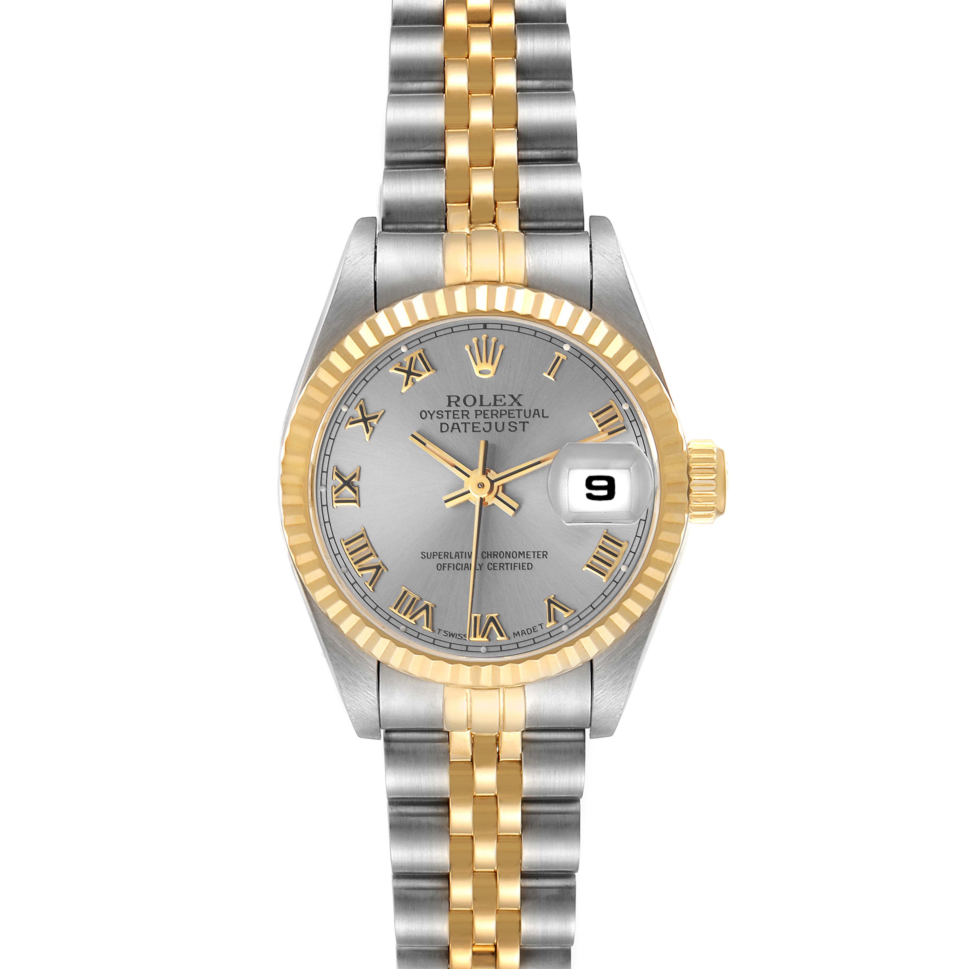 The image shows a frontal view of a Rolex Datejust 69173 Women's Steel and Gold (two tone) Grey Dial 69173 Women's Steel and Gold (two tone) Grey Dial watch, highlighting its dial, bezel, and two-tone Jubilee bracelet.