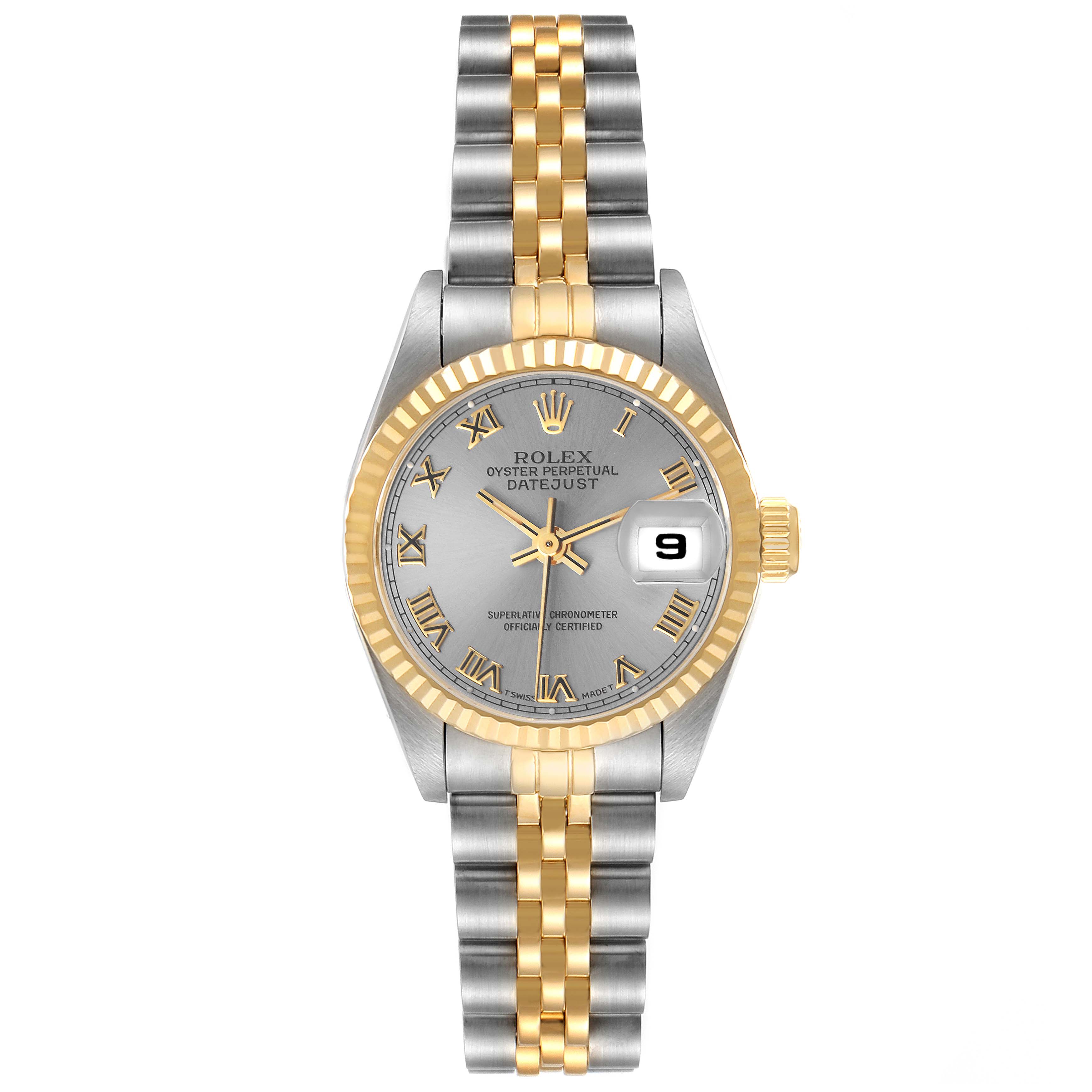 This Rolex Datejust 69173 Women's Steel and Gold (two tone) Grey Dial 69173 Women's Steel and Gold (two tone) Grey Dial model watch is shown from a top-down angle, displaying its dial, bezel, and two-tone bracelet.