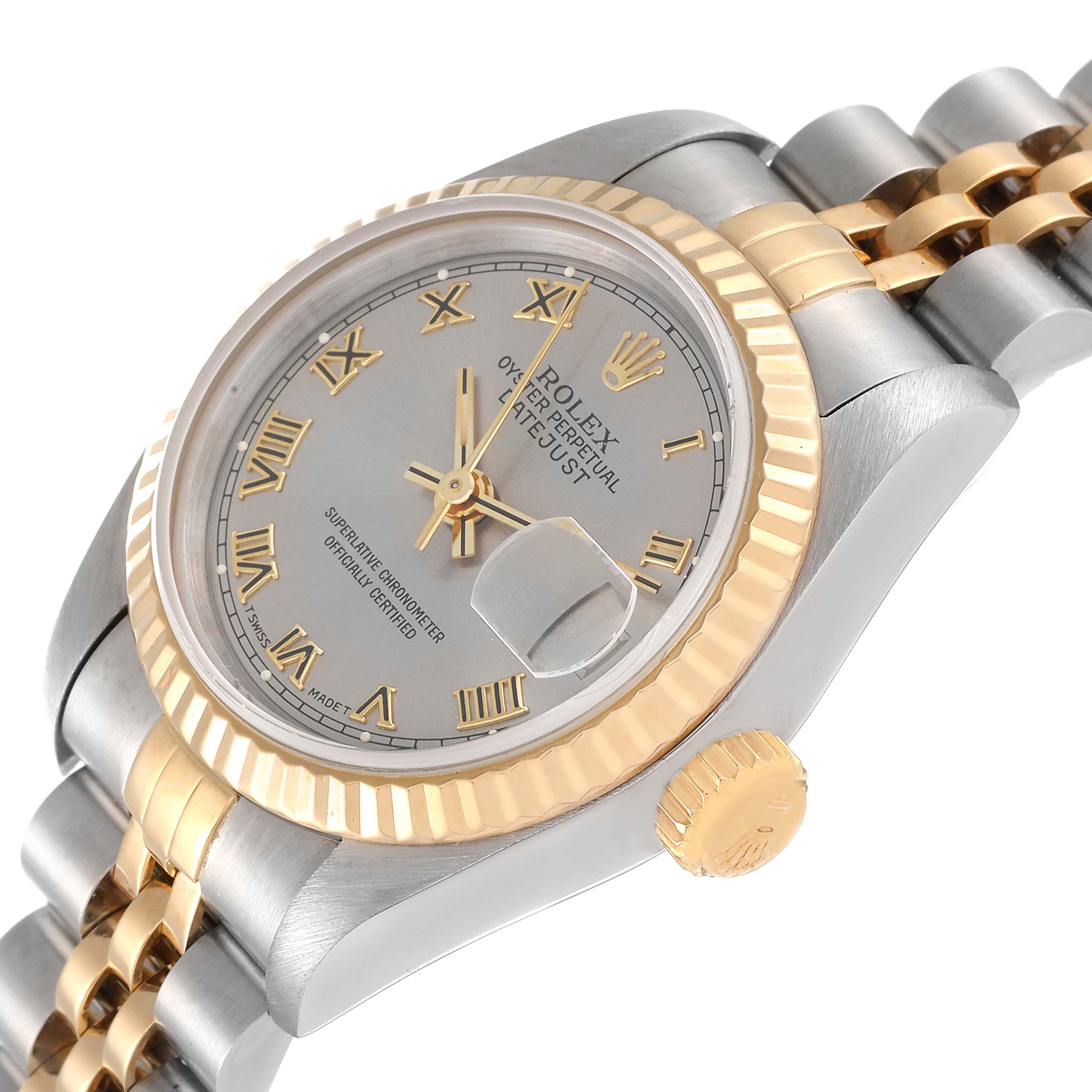 This image shows a side angle of the Rolex Datejust 69173 Women's Steel and Gold (two tone) Grey Dial 69173 Women's Steel and Gold (two tone) Grey Dial model, highlighting the gold bezel, crown, bracelet, and the dial with Roman numerals.