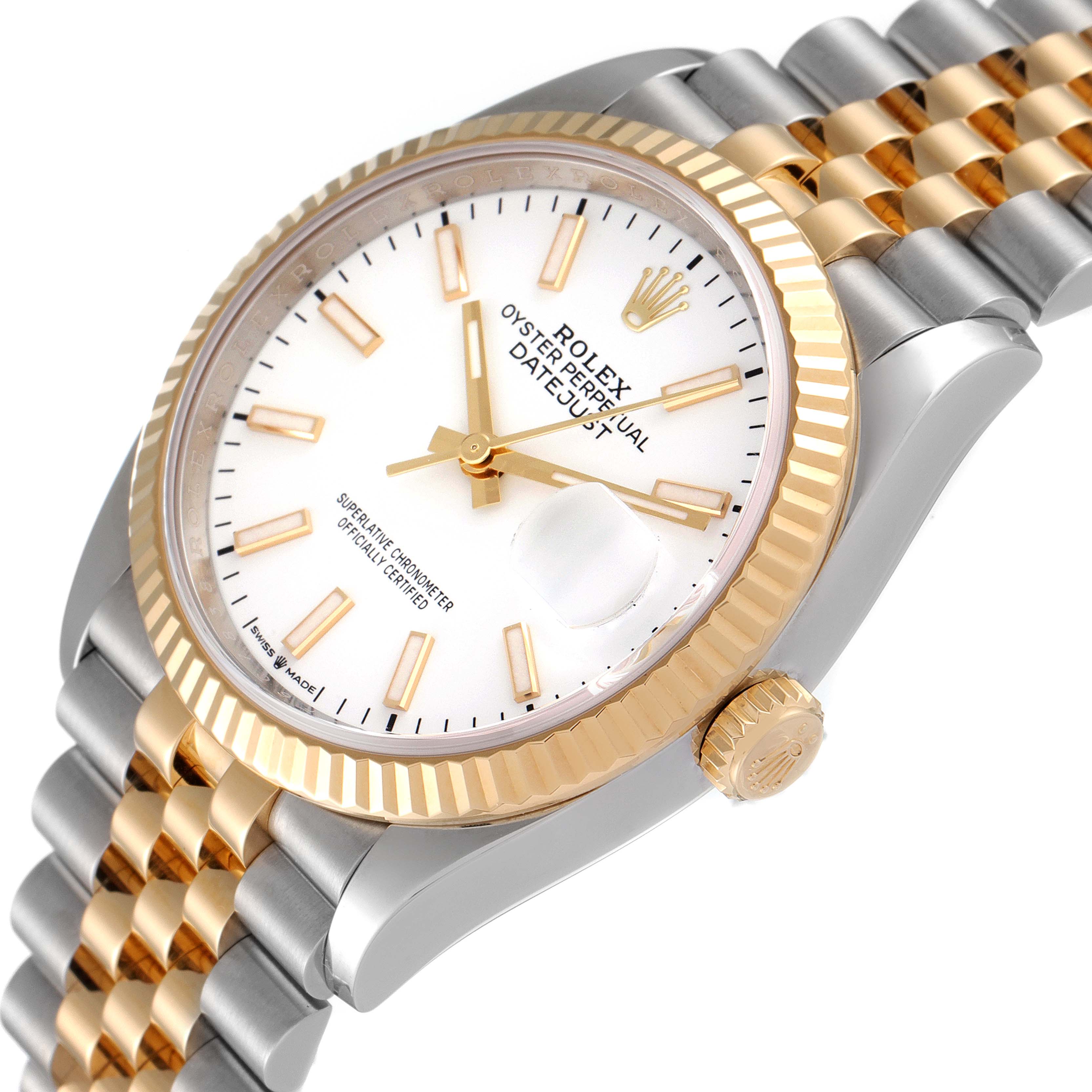 The image shows a Rolex Datejust 126233 Men's Steel and Gold (two tone) White Dial 126233 Men's Steel and Gold (two tone) White Dial watch at an angled top-down view, highlighting its face, crown, bezel, and bracelet.