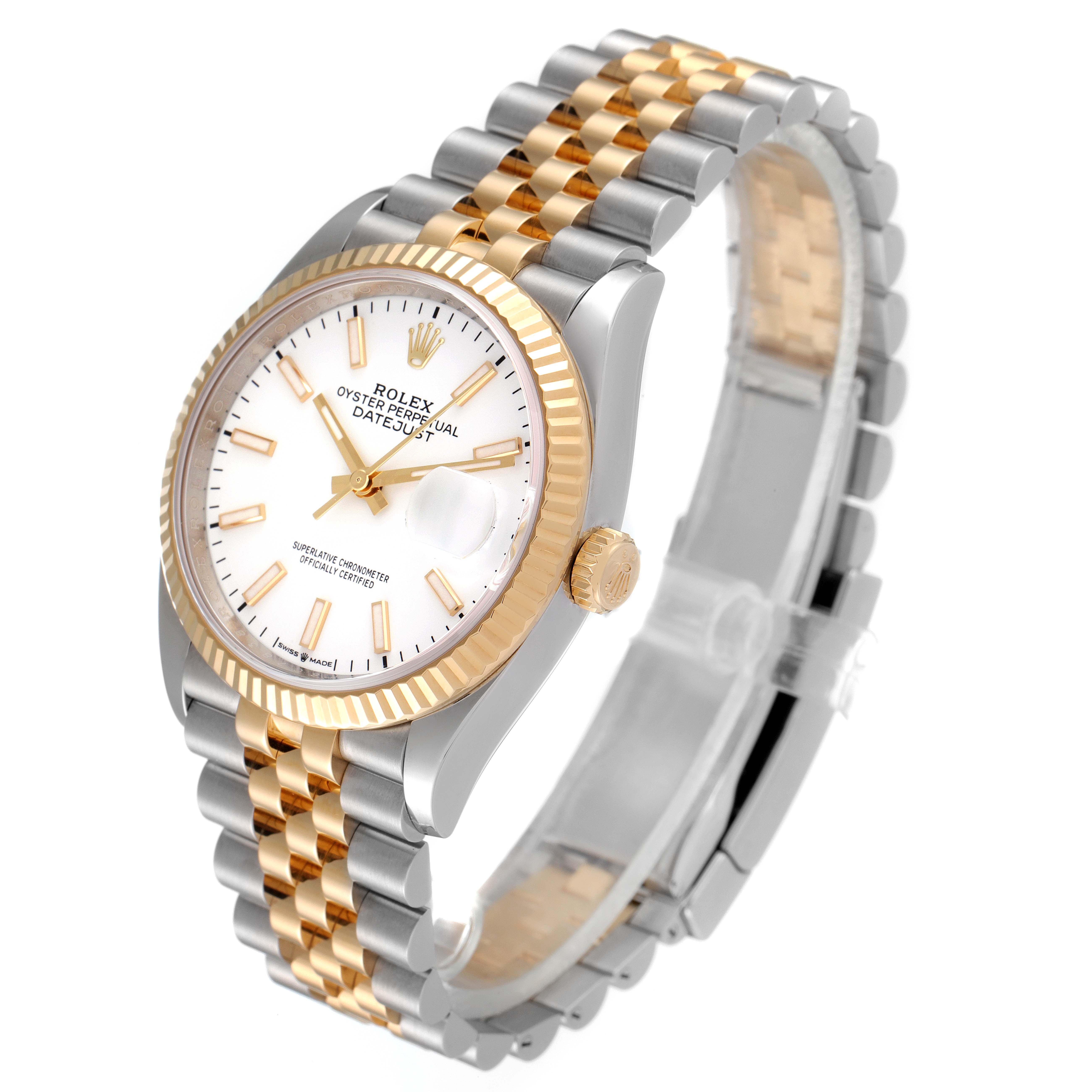 The Rolex Datejust 126233 Men's Steel and Gold (two tone) White Dial 126233 Men's Steel and Gold (two tone) White Dial watch is shown from a three-quarter angle, displaying its face, bezel, crown, and two-tone Jubilee bracelet.