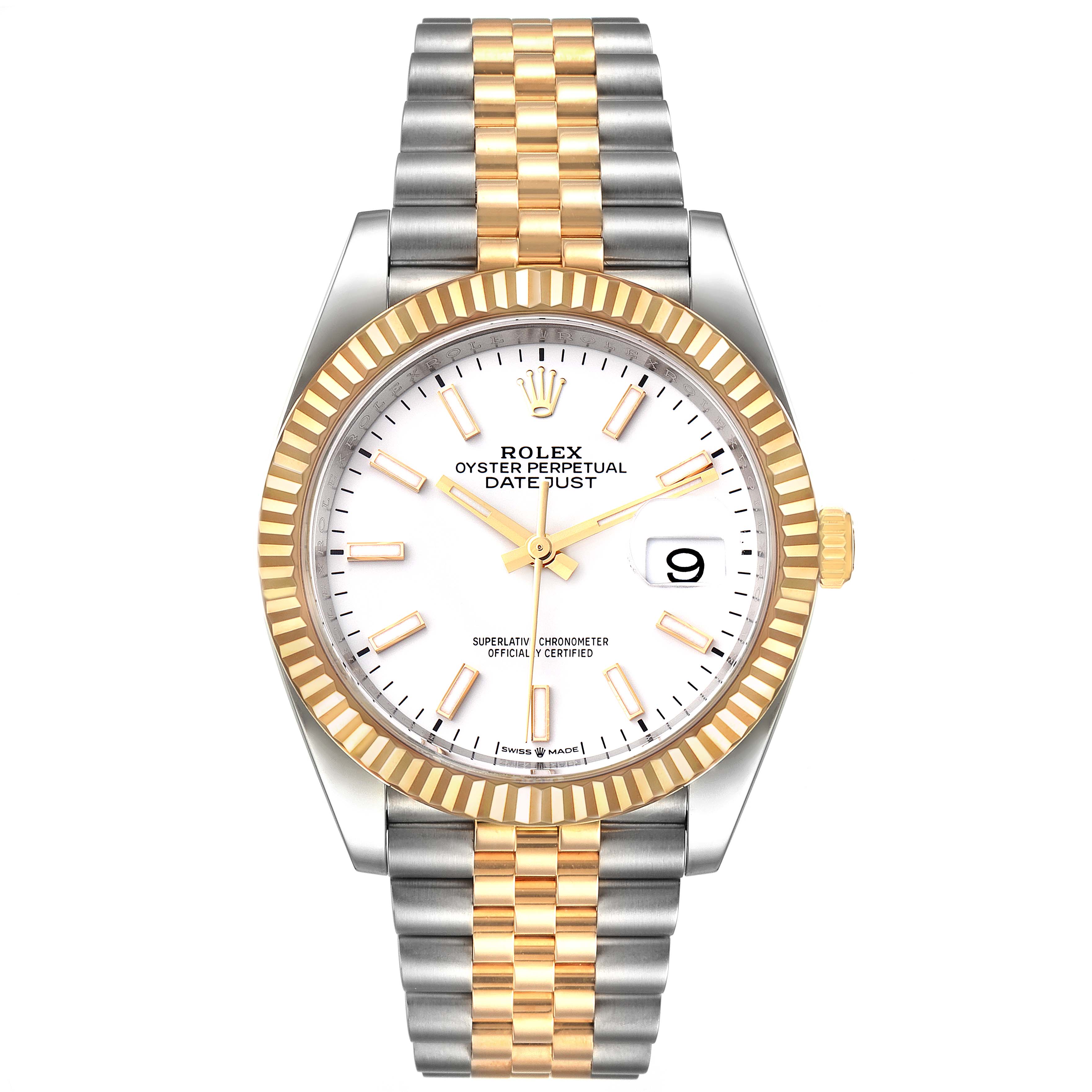 The image shows a front view of a Rolex Datejust 126233 Men's Steel and Gold (two tone) White Dial 126233 Men's Steel and Gold (two tone) White Dial watch, featuring a white dial, gold fluted bezel, and a two-tone bracelet.