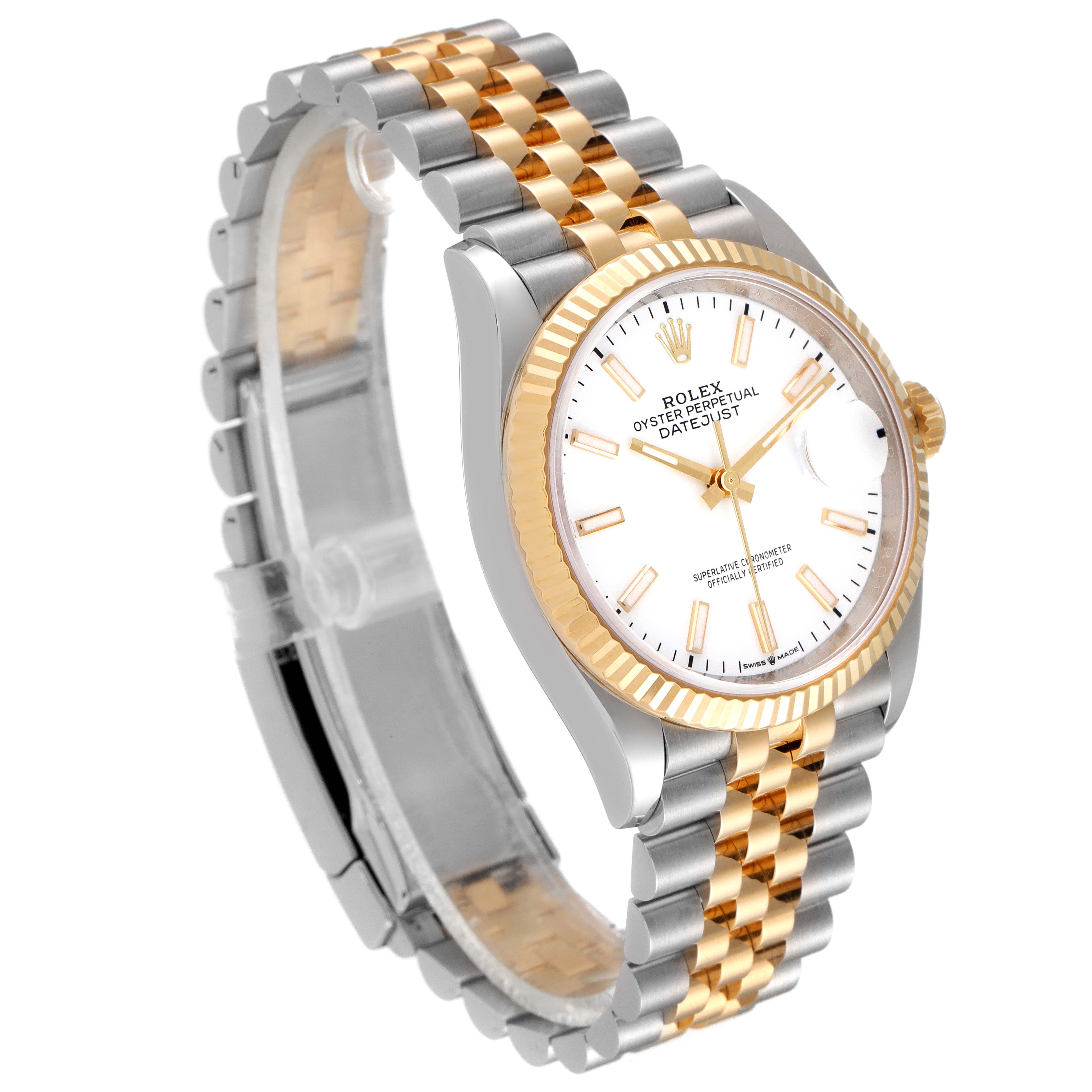 The image shows a Rolex Datejust 126233 Men's Steel and Gold (two tone) White Dial 126233 Men's Steel and Gold (two tone) White Dial watch from a three-quarter angle, highlighting the face, bezel, and two-tone bracelet.