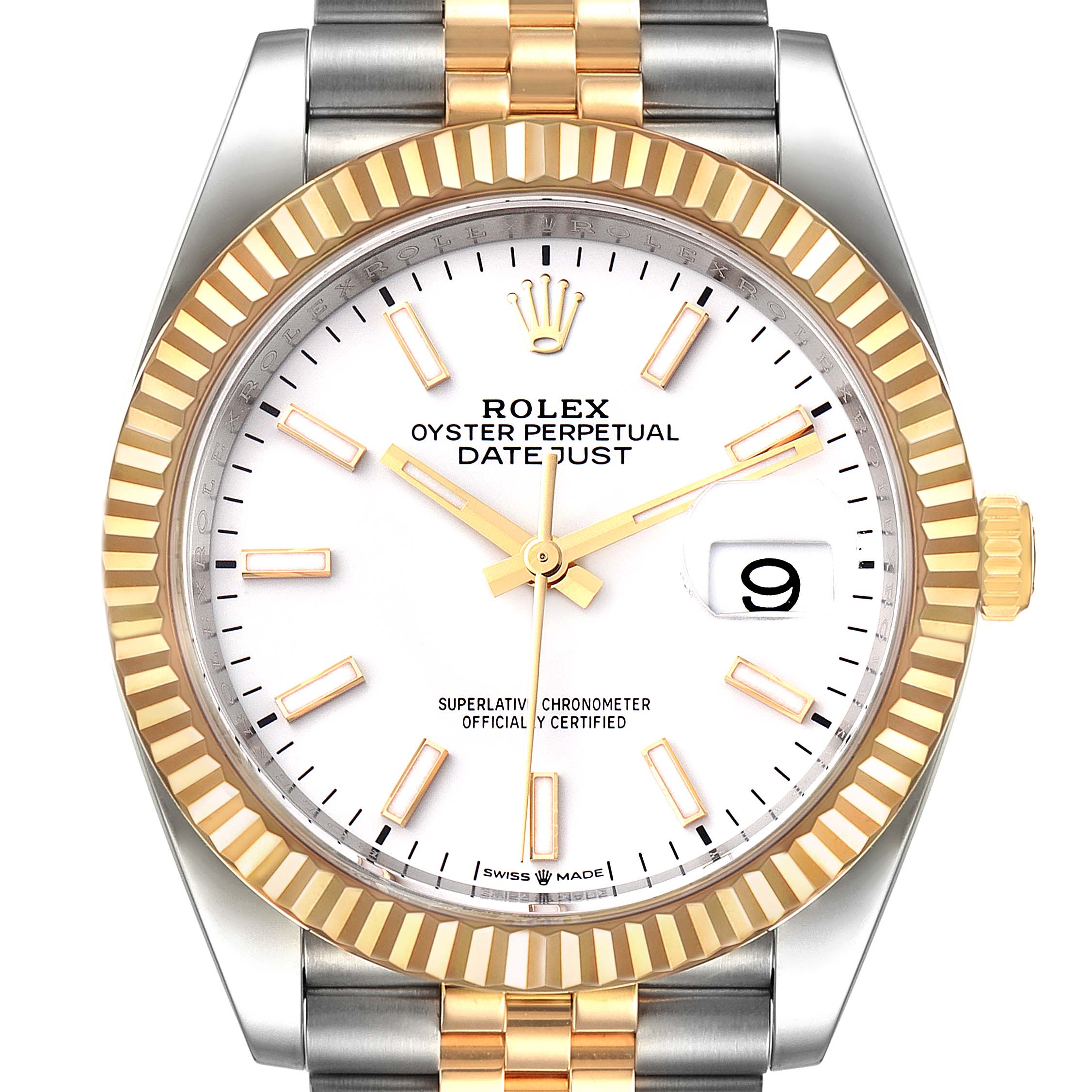 This image shows a front view of the Rolex Datejust 126233 Men's Steel and Gold (two tone) White Dial 126233 Men's Steel and Gold (two tone) White Dial watch, highlighting the dial, hands, bezel, and part of the bracelet.