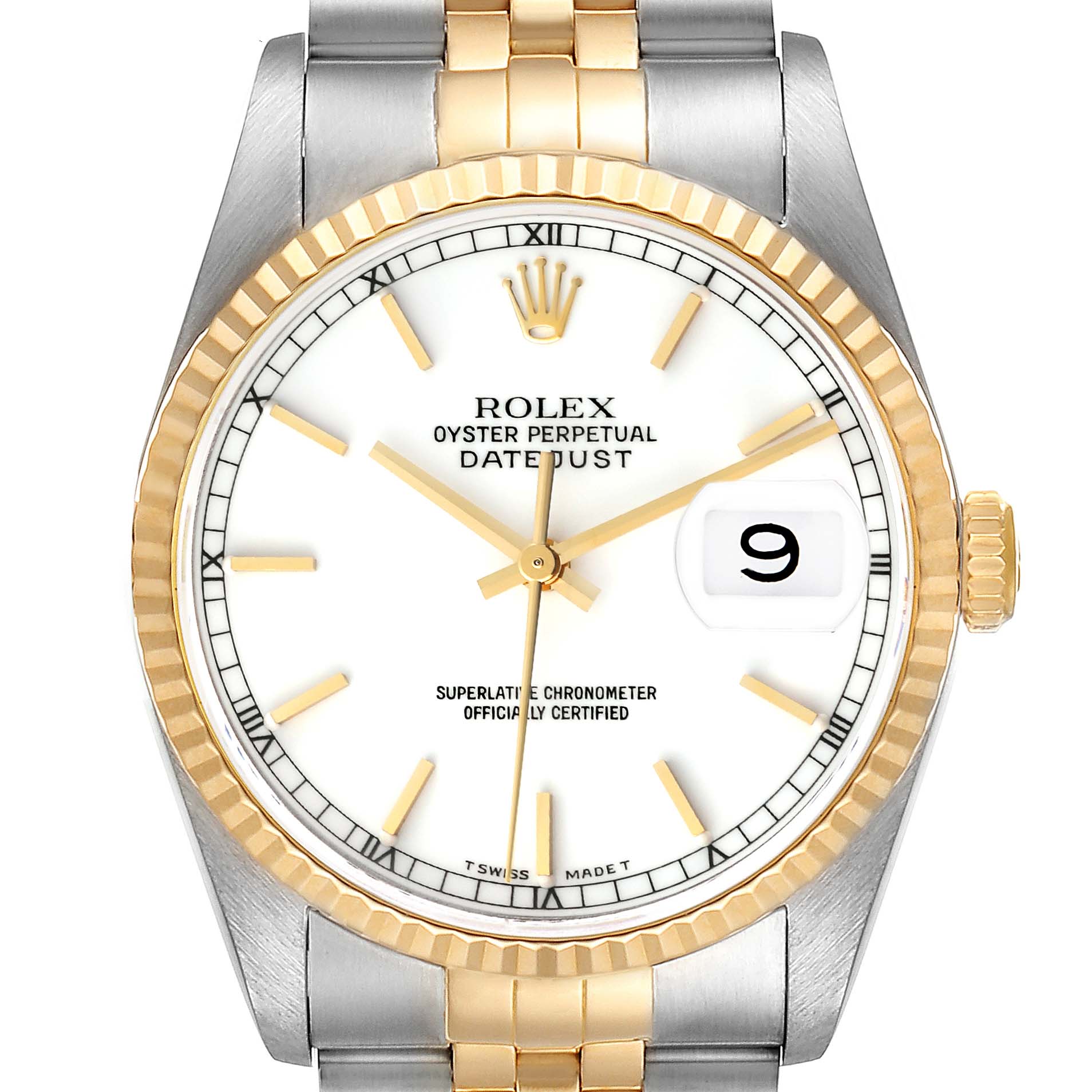 This image shows a front view of a Rolex Datejust 16233 Men's Steel and Gold (two tone) White Dial 16233 Men's Steel and Gold (two tone) White Dial watch, highlighting the dial, hands, bezel, and part of the bracelet.