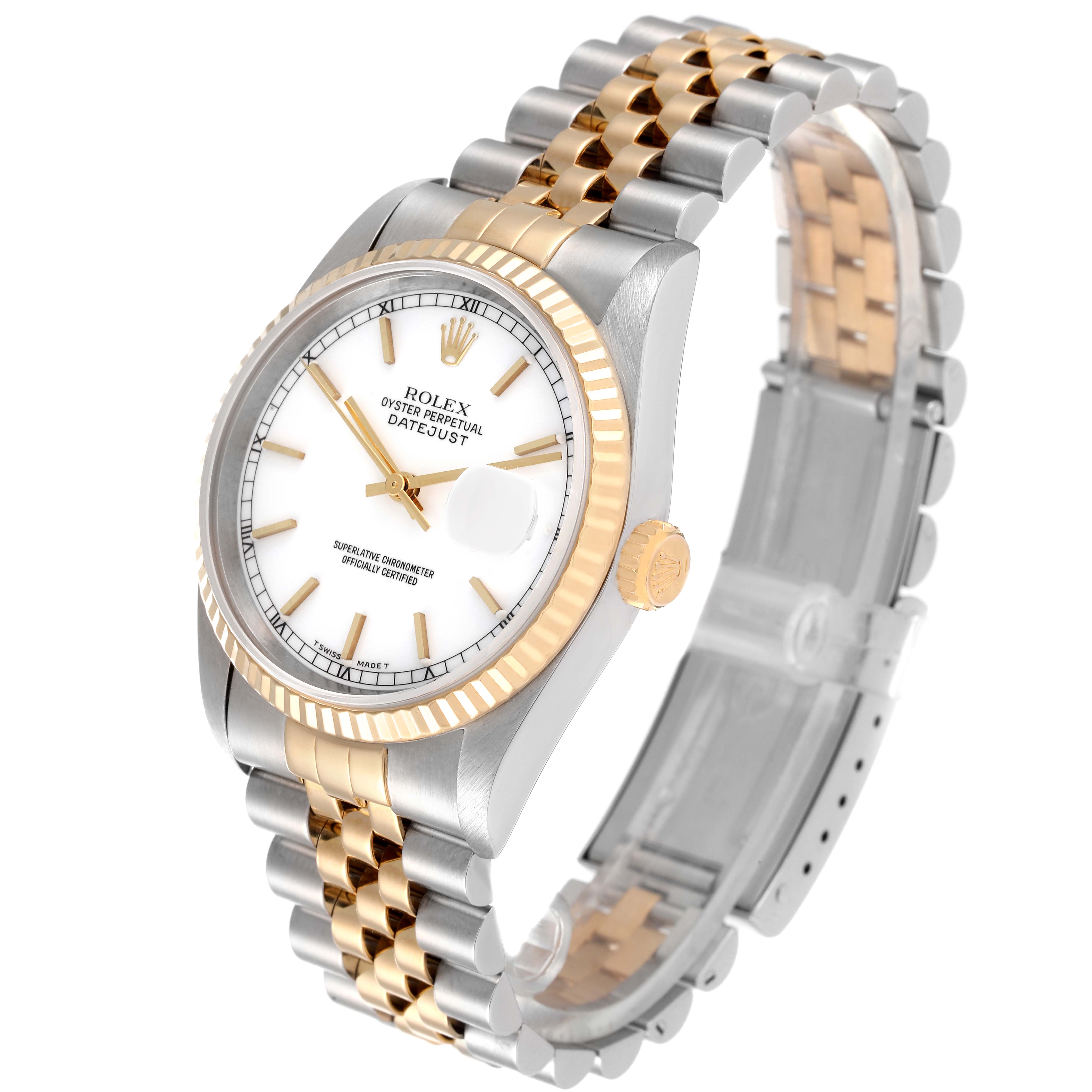 This image shows a Rolex Datejust 16233 Men's Steel and Gold (two tone) White Dial 16233 Men's Steel and Gold (two tone) White Dial watch at a slight angle, featuring the dial, bezel, crown, and bracelet.