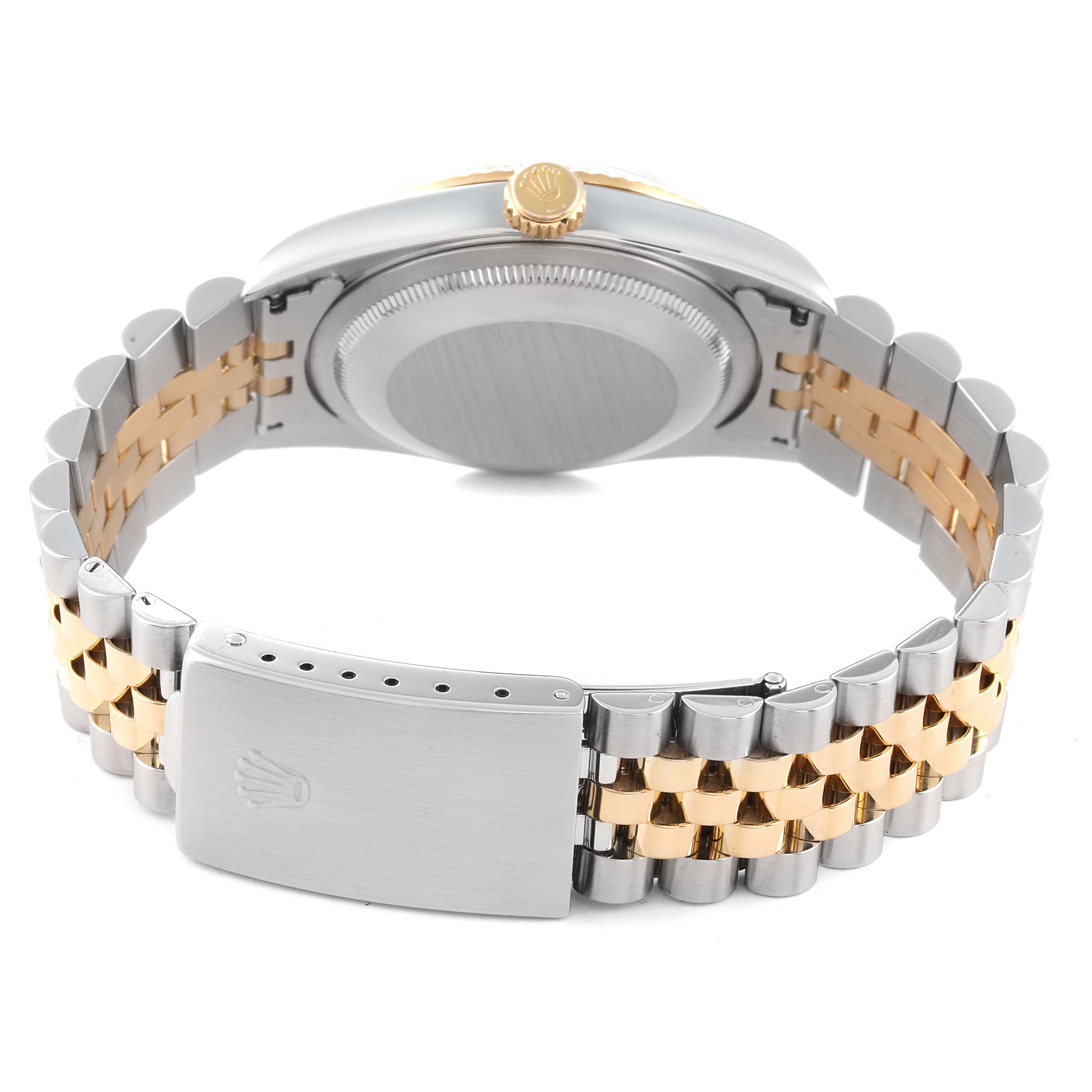 The image shows the back view of a Rolex Datejust 16233 Men's Steel and Gold (two tone) White Dial 16233 Men's Steel and Gold (two tone) White Dial watch, highlighting the case back, crown, and two-tone bracelet with the clasp.