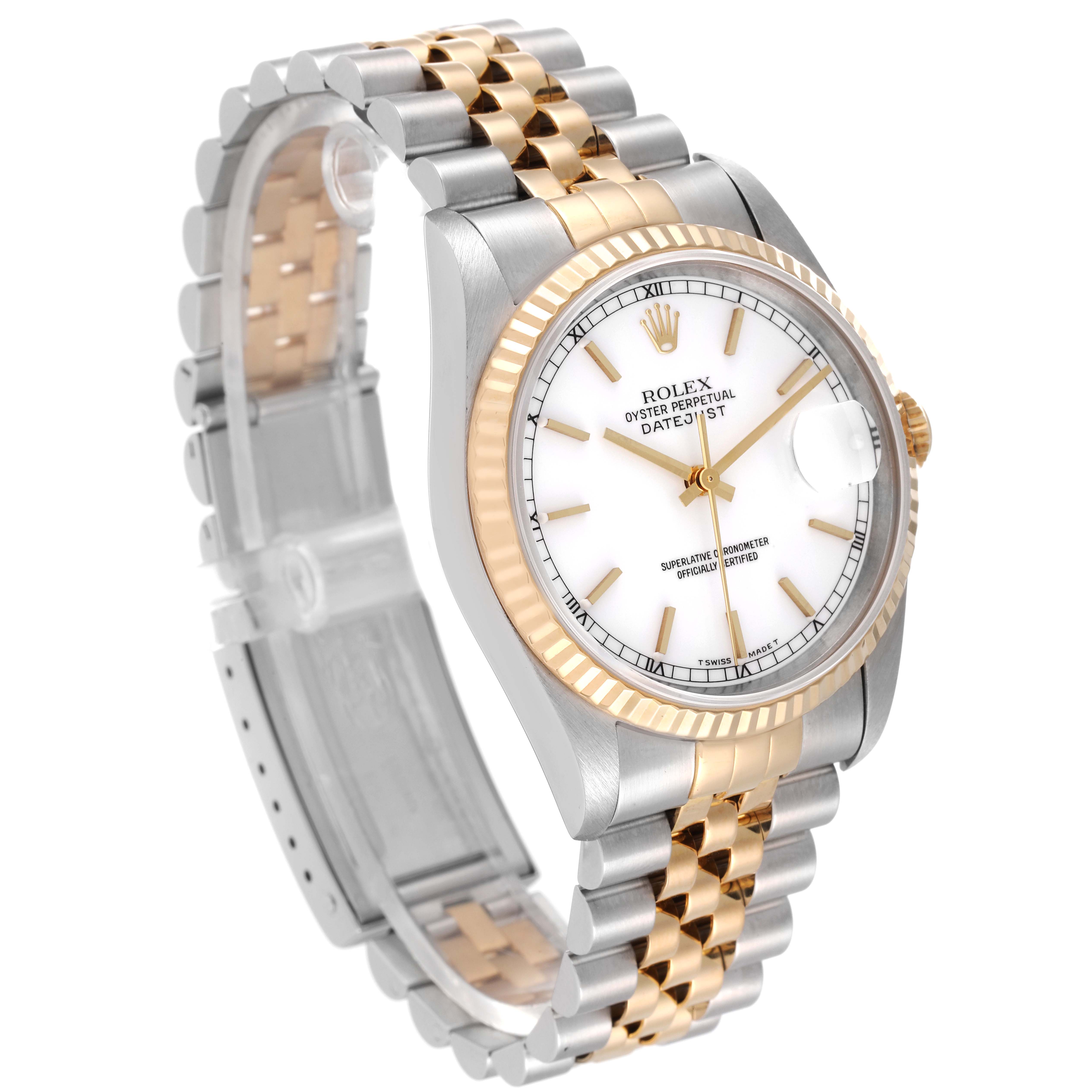 The image shows a Rolex Datejust 16233 Men's Steel and Gold (two tone) White Dial 16233 Men's Steel and Gold (two tone) White Dial watch at a three-quarter angle, highlighting its two-tone bracelet, fluted bezel, and white dial.