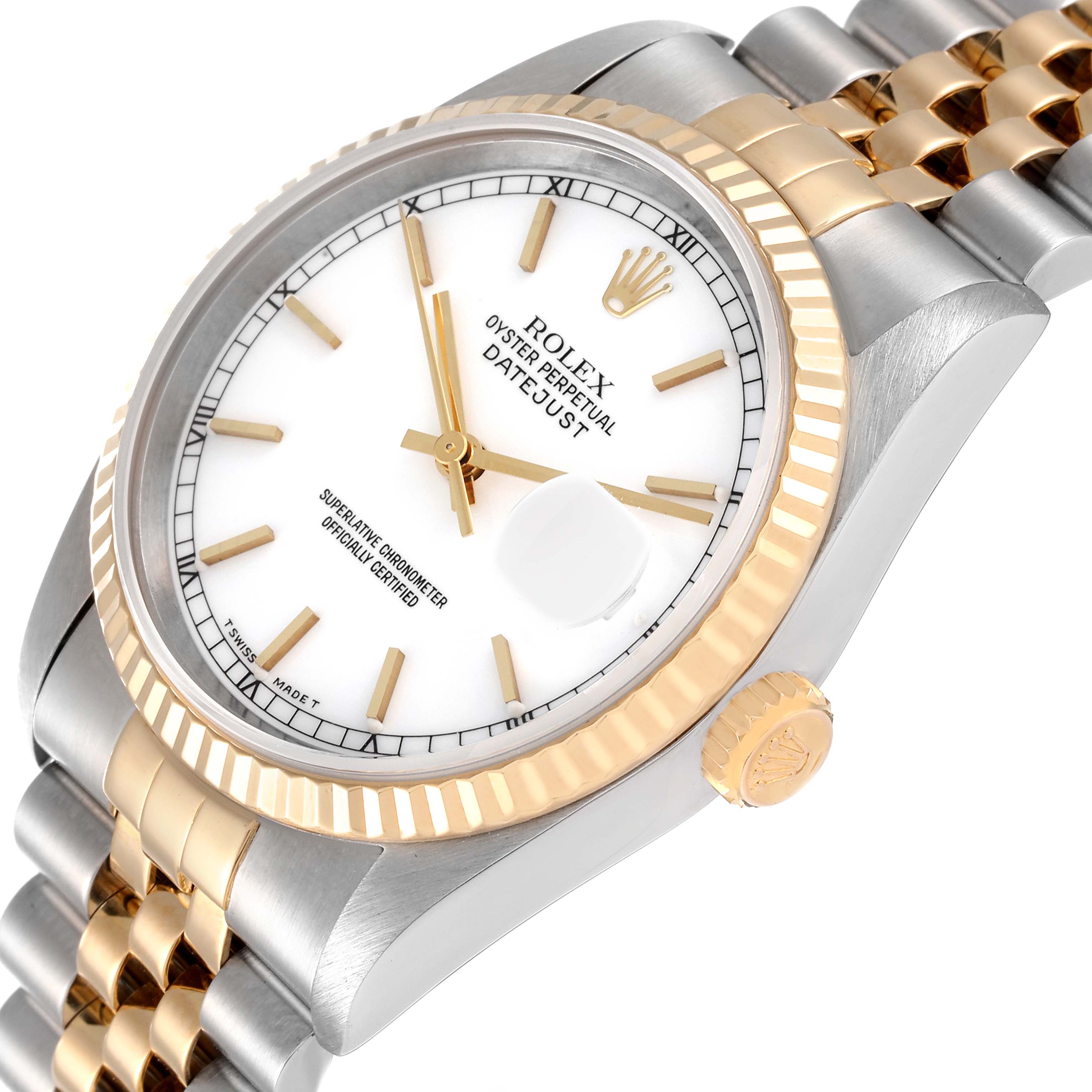 This image shows a close-up view of the Rolex Datejust 16233 Men's Steel and Gold (two tone) White Dial 16233 Men's Steel and Gold (two tone) White Dial watch, highlighting the dial, bezel, crown, and bracelet.