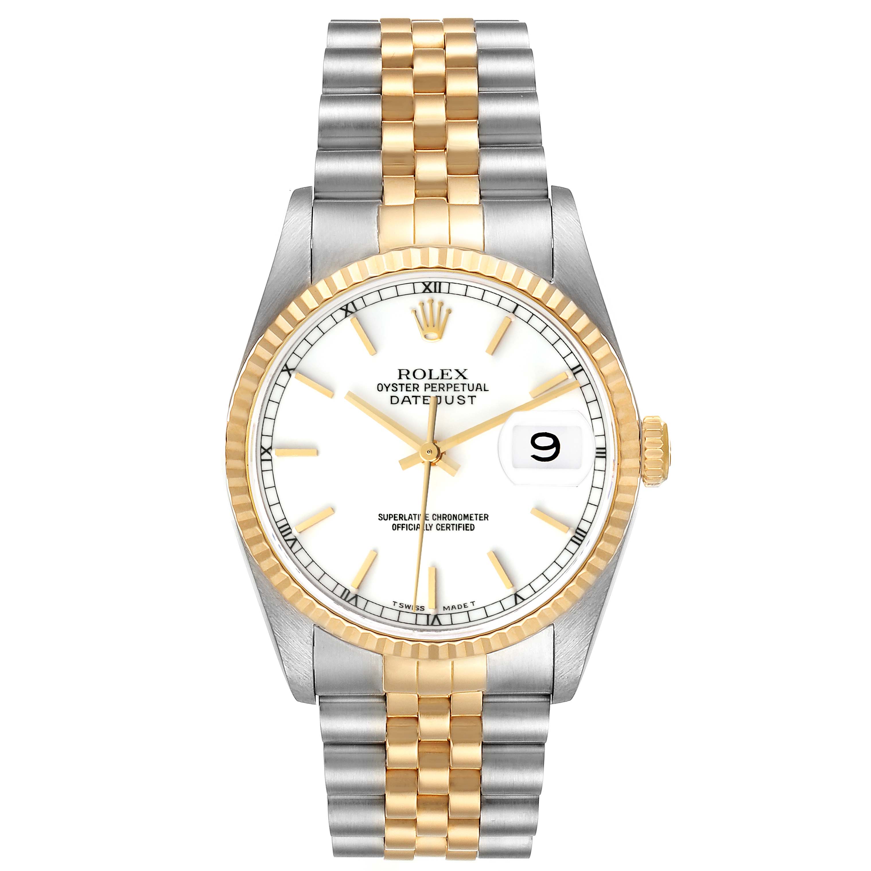 This image shows a front view of the Rolex Datejust 16233 Men's Steel and Gold (two tone) White Dial 16233 Men's Steel and Gold (two tone) White Dial watch, highlighting the face, bezel, crown, and jubilee bracelet.