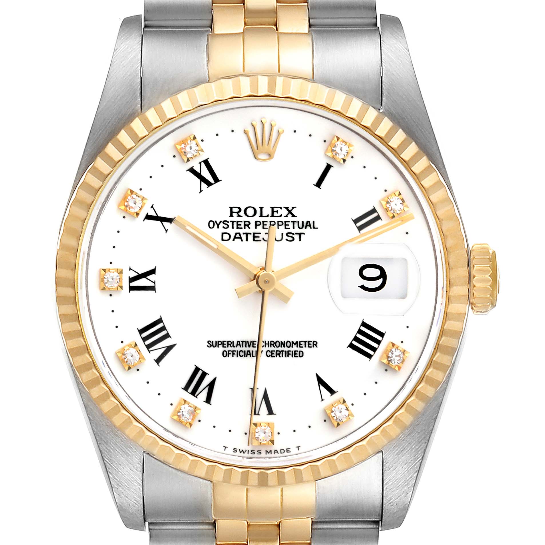 The image shows a Rolex Datejust 16233 Men's Steel and Gold (two tone) White Dial 16233 Men's Steel and Gold (two tone) White Dial watch from a front angle, highlighting the dial, hands, crown, and part of the bracelet.