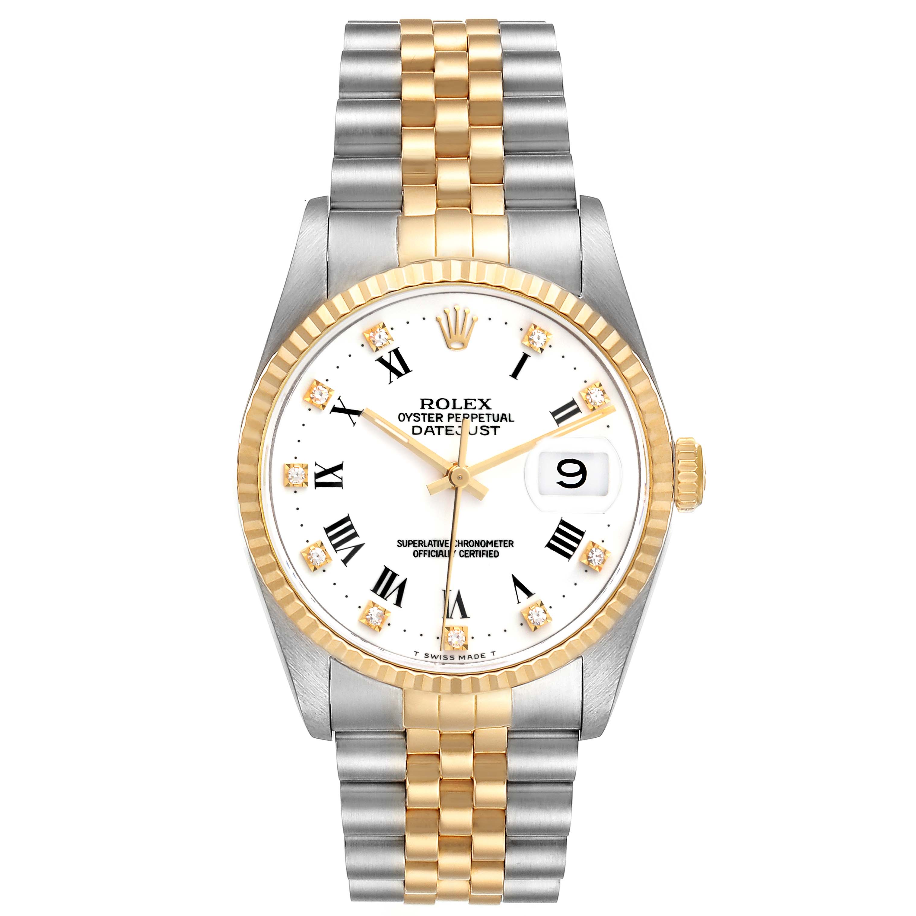 The Rolex Datejust 16233 Men's Steel and Gold (two tone) White Dial 16233 Men's Steel and Gold (two tone) White Dial watch is shown from a front angle displaying the face, dial, bezel, and two-tone bracelet.
