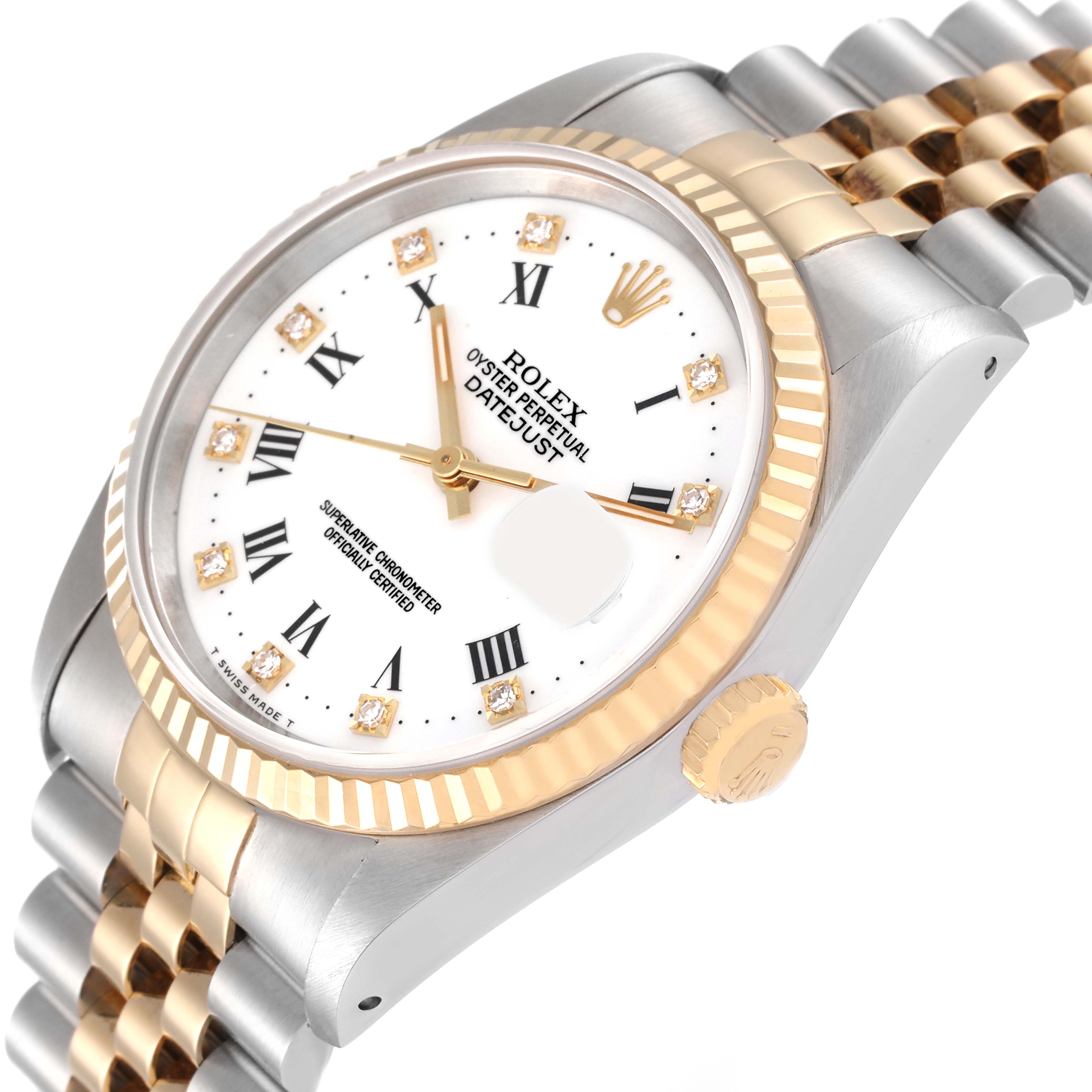 This image shows a Rolex Datejust 16233 Men's Steel and Gold (two tone) White Dial 16233 Men's Steel and Gold (two tone) White Dial watch from an angle that highlights the dial, case, bezel, crown, and bracelet.