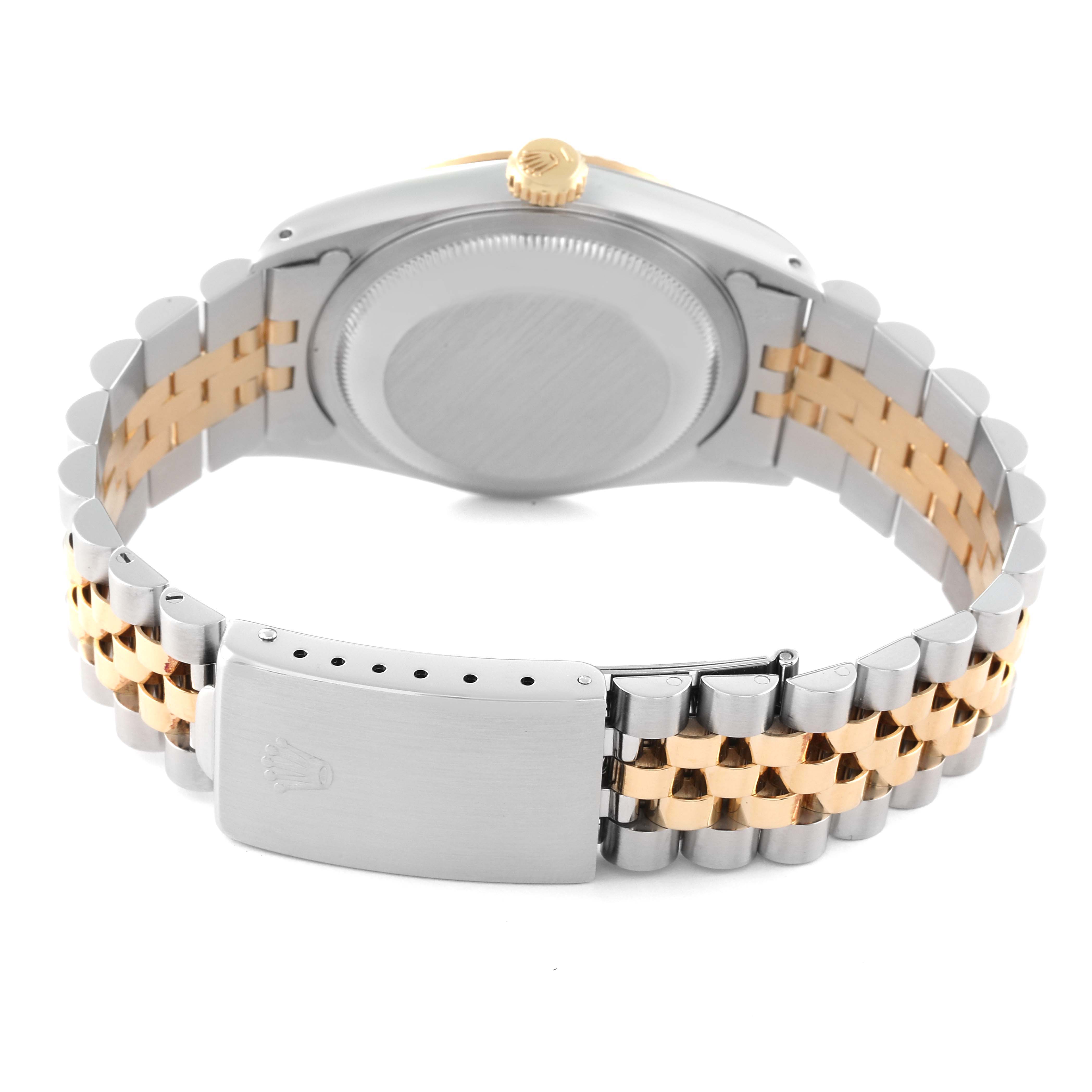 The image shows the back case and jubilee bracelet of a Rolex Datejust 16233 Men's Steel and Gold (two tone) White Dial 16233 Men's Steel and Gold (two tone) White Dial watch, viewed from the rear.