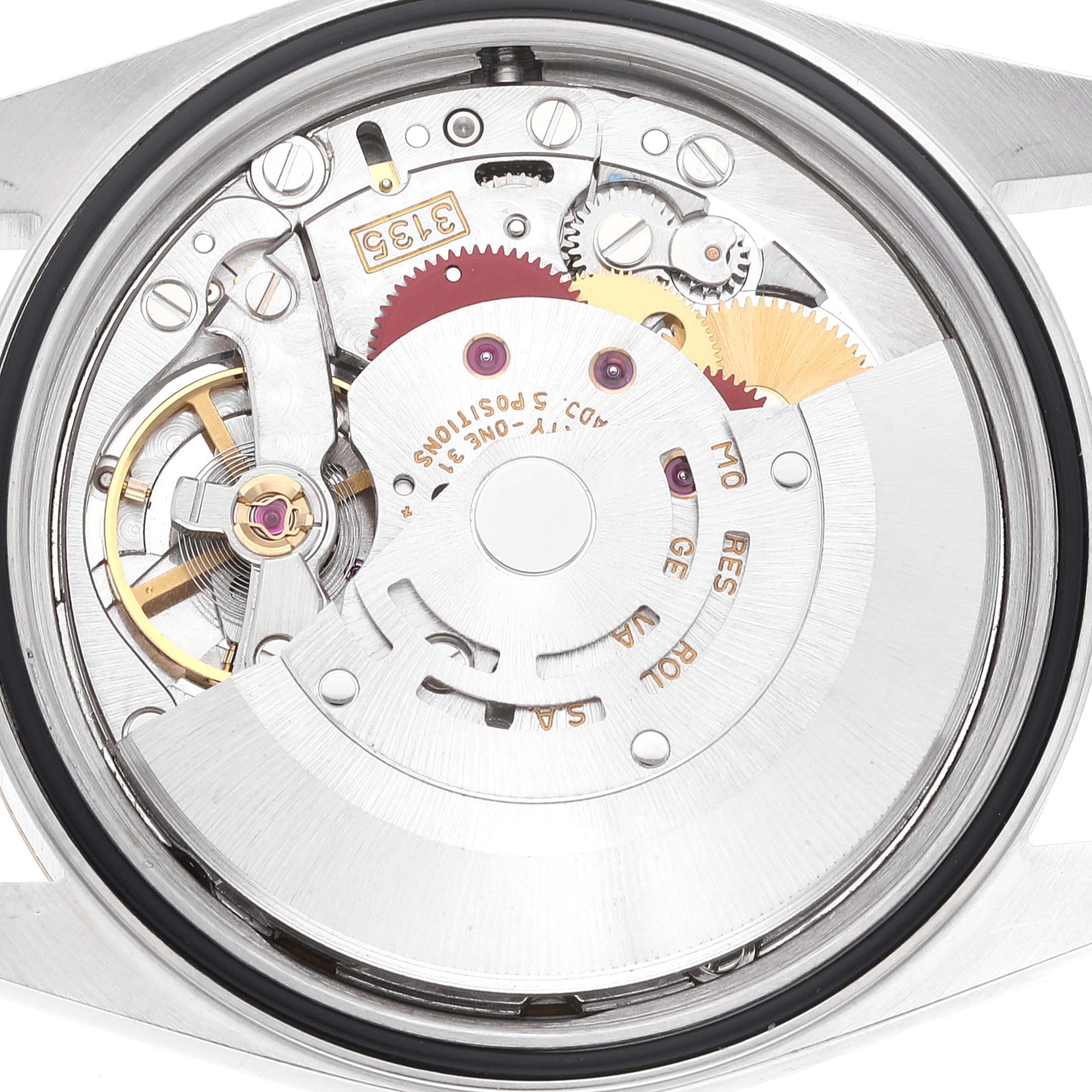 This image shows the inner mechanical movement of the Rolex Datejust 16233 Men's Steel and Gold (two tone) White Dial 16233 Men's Steel and Gold (two tone) White Dial model from a back angle.