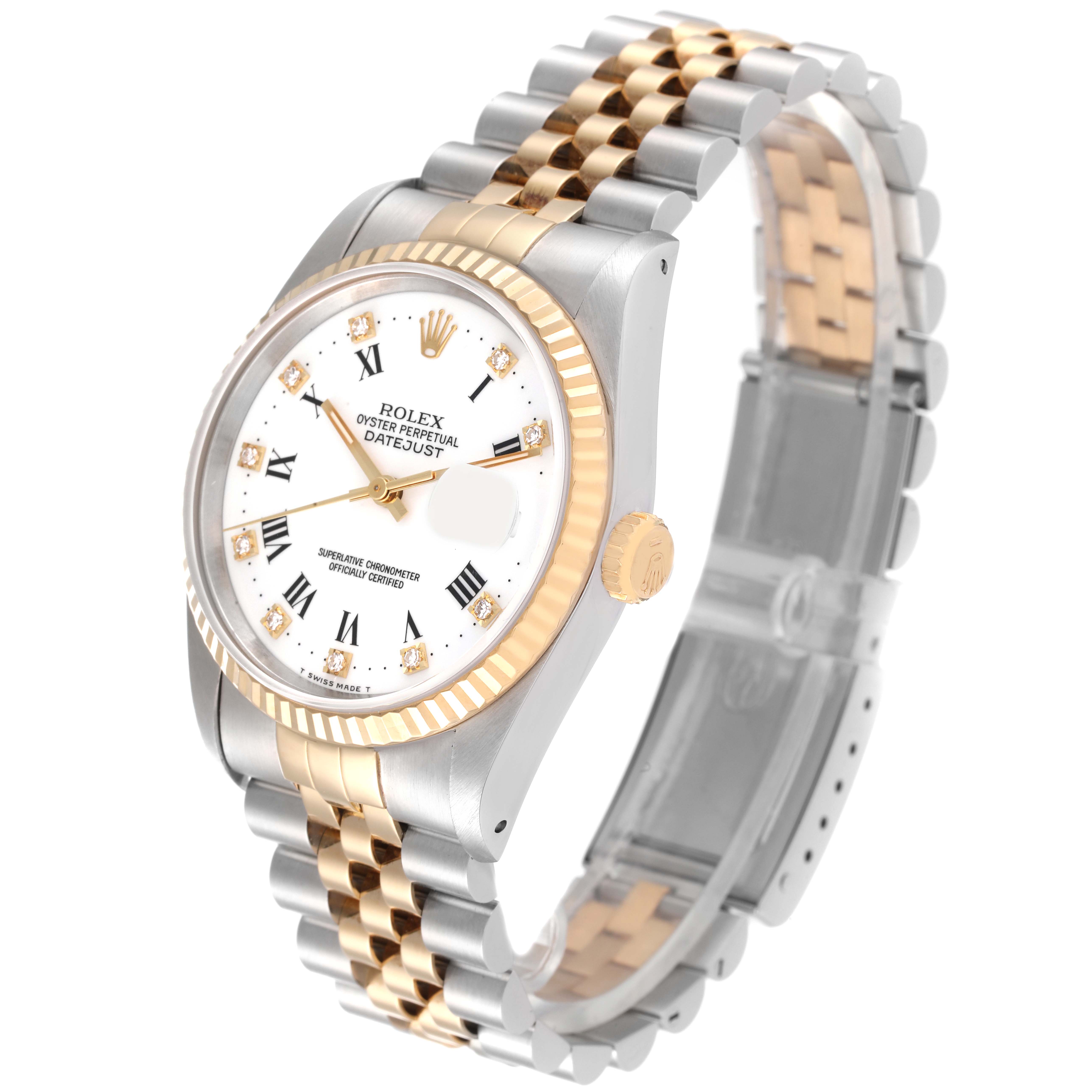 The image shows a Rolex Datejust 16233 Men's Steel and Gold (two tone) White Dial 16233 Men's Steel and Gold (two tone) White Dial watch at a three-quarter angle, showcasing the face, case, and two-tone bracelet.