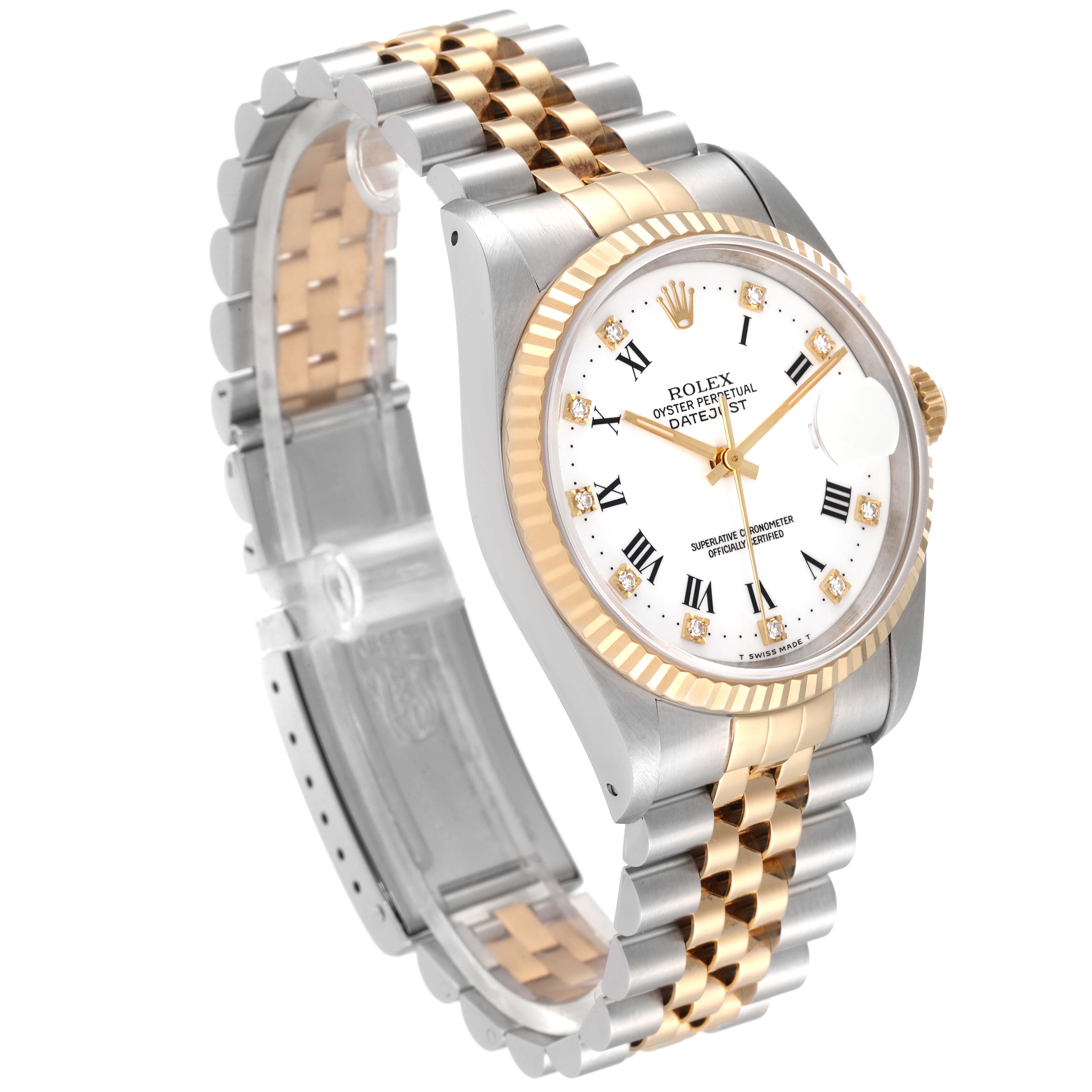 The image shows a side angle of the Rolex Datejust 16233 Men's Steel and Gold (two tone) White Dial 16233 Men's Steel and Gold (two tone) White Dial watch, highlighting its two-tone bracelet, fluted bezel, and white dial with Roman numerals.