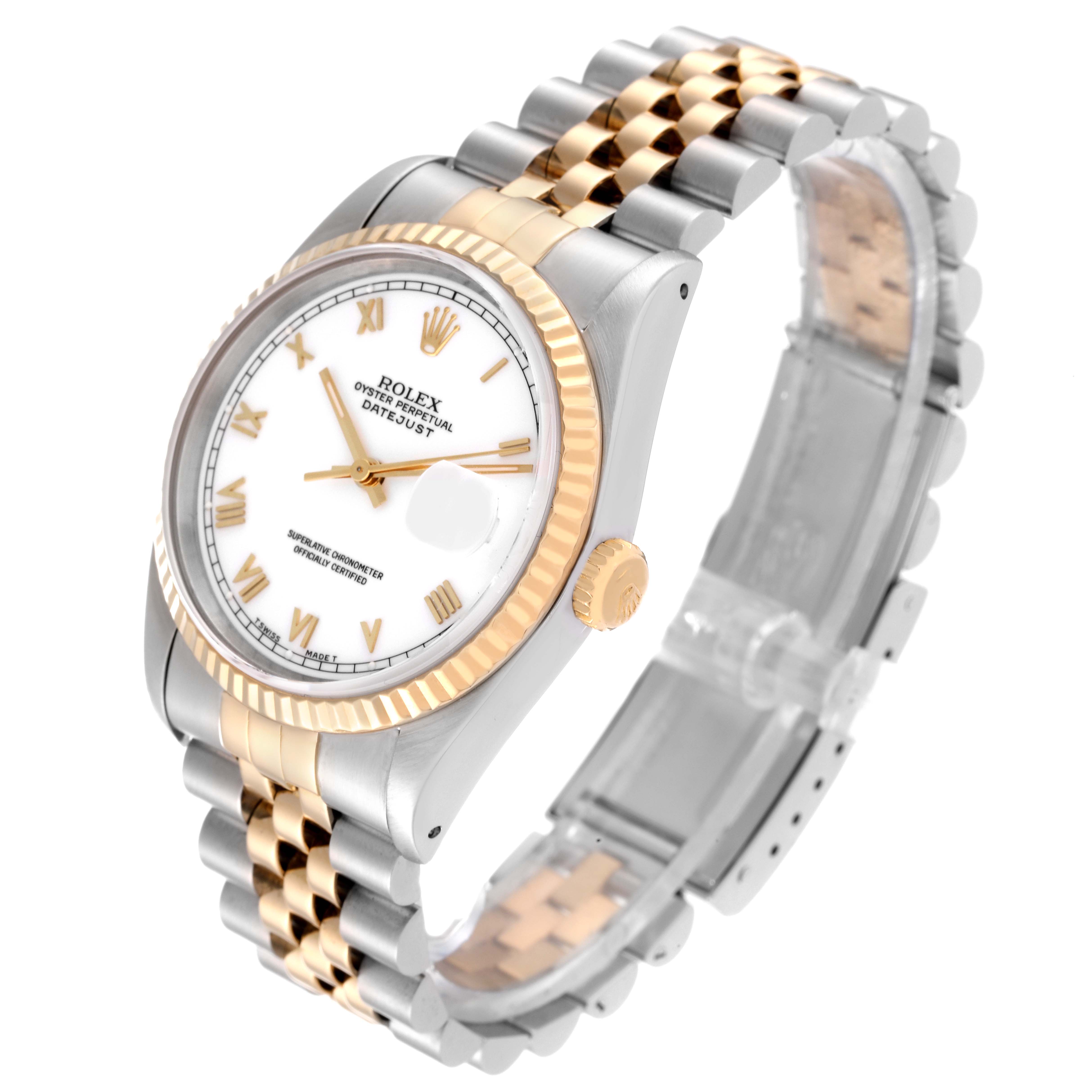 This Rolex Datejust 16233 Men's Steel and Gold (two tone) White Dial 16233 Men's Steel and Gold (two tone) White Dial watch is shown at a slightly angled top-down view, highlighting the face, fluted bezel, crown, and Jubilee bracelet.