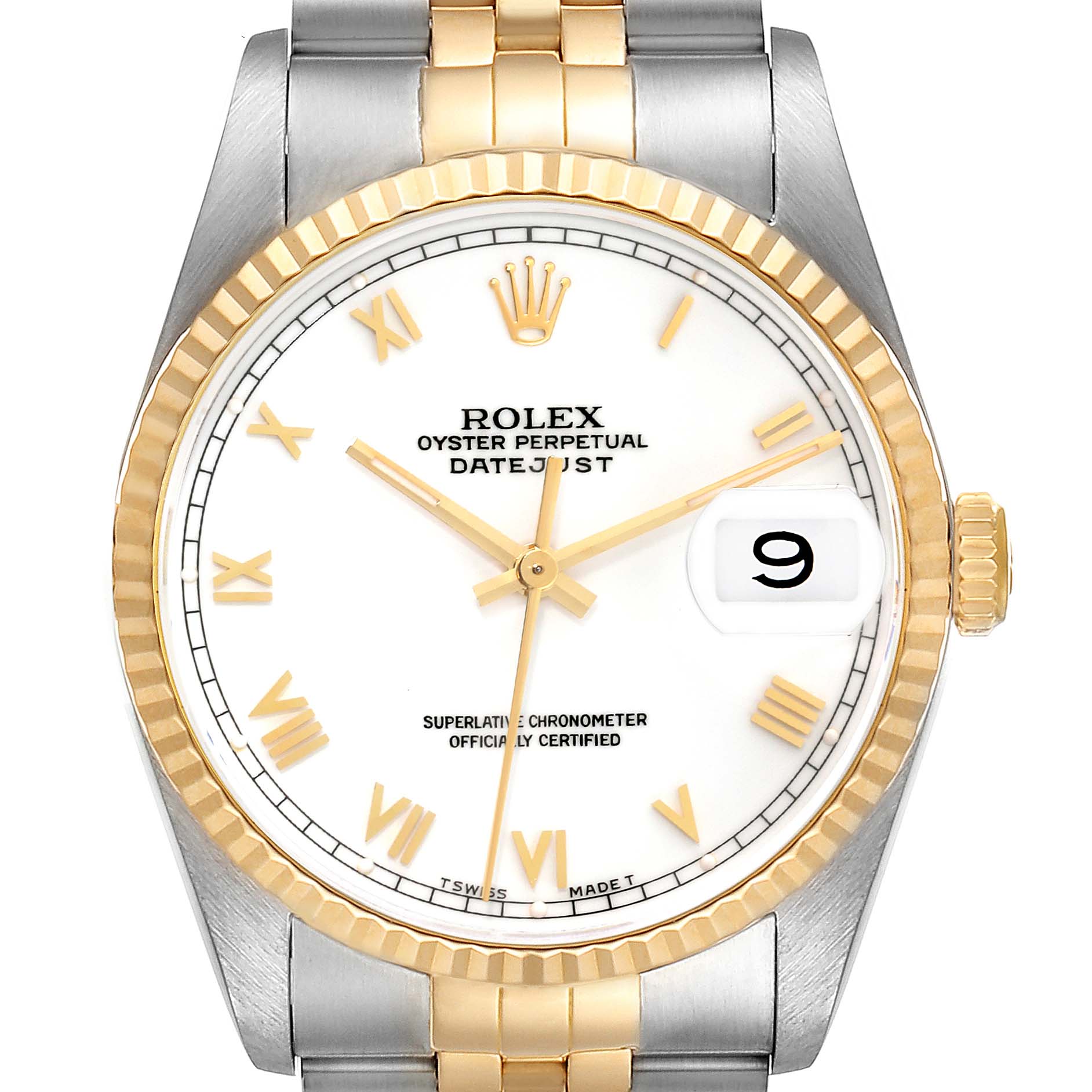 The image shows a frontal view of the Rolex Datejust 16233 Men's Steel and Gold (two tone) White Dial 16233 Men's Steel and Gold (two tone) White Dial watch, displaying the dial, hands, date window, and part of the bracelet.