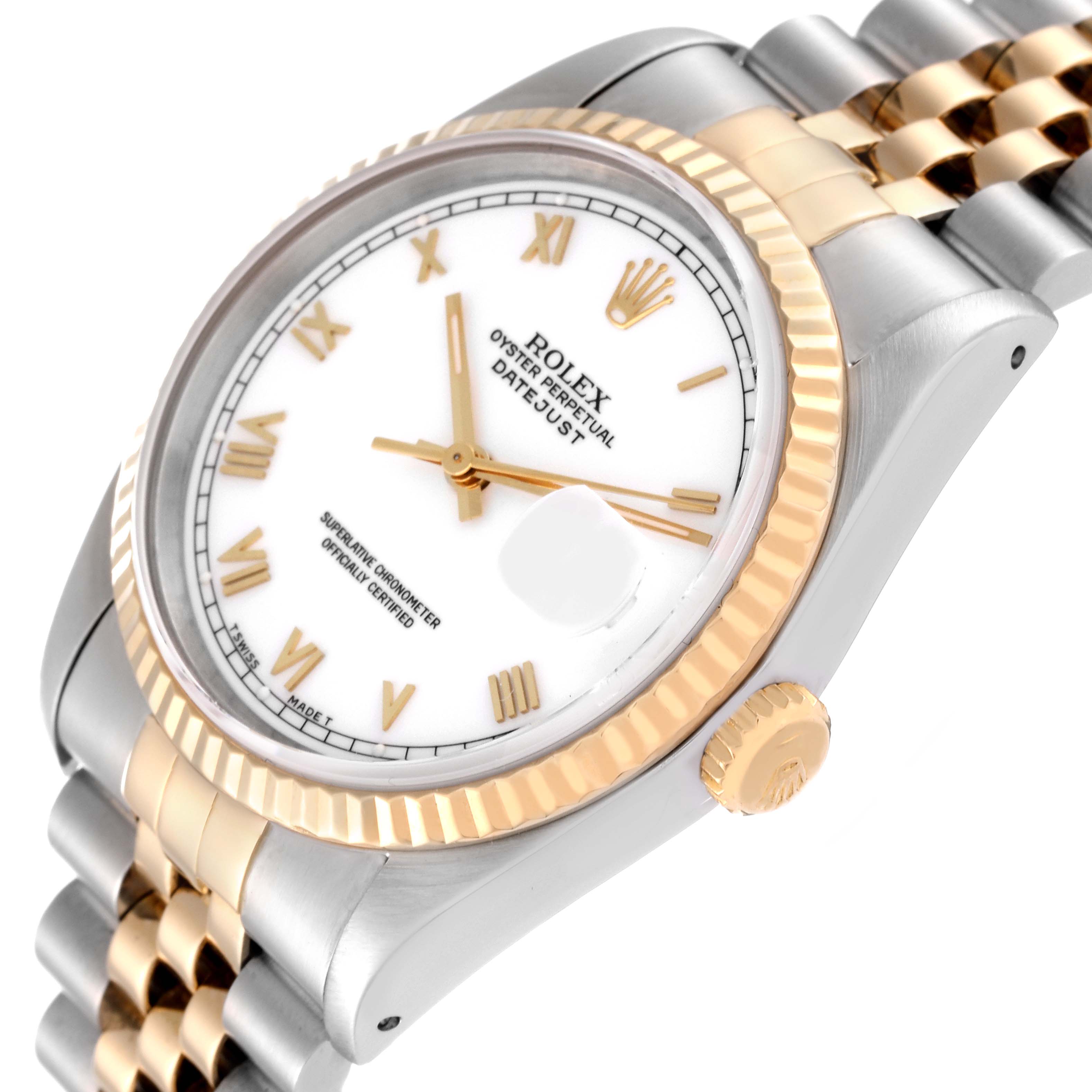 This Rolex Datejust 16233 Men's Steel and Gold (two tone) White Dial 16233 Men's Steel and Gold (two tone) White Dial watch is shown in a close-up angle highlighting the dial, bezel, crown, and part of the bracelet.