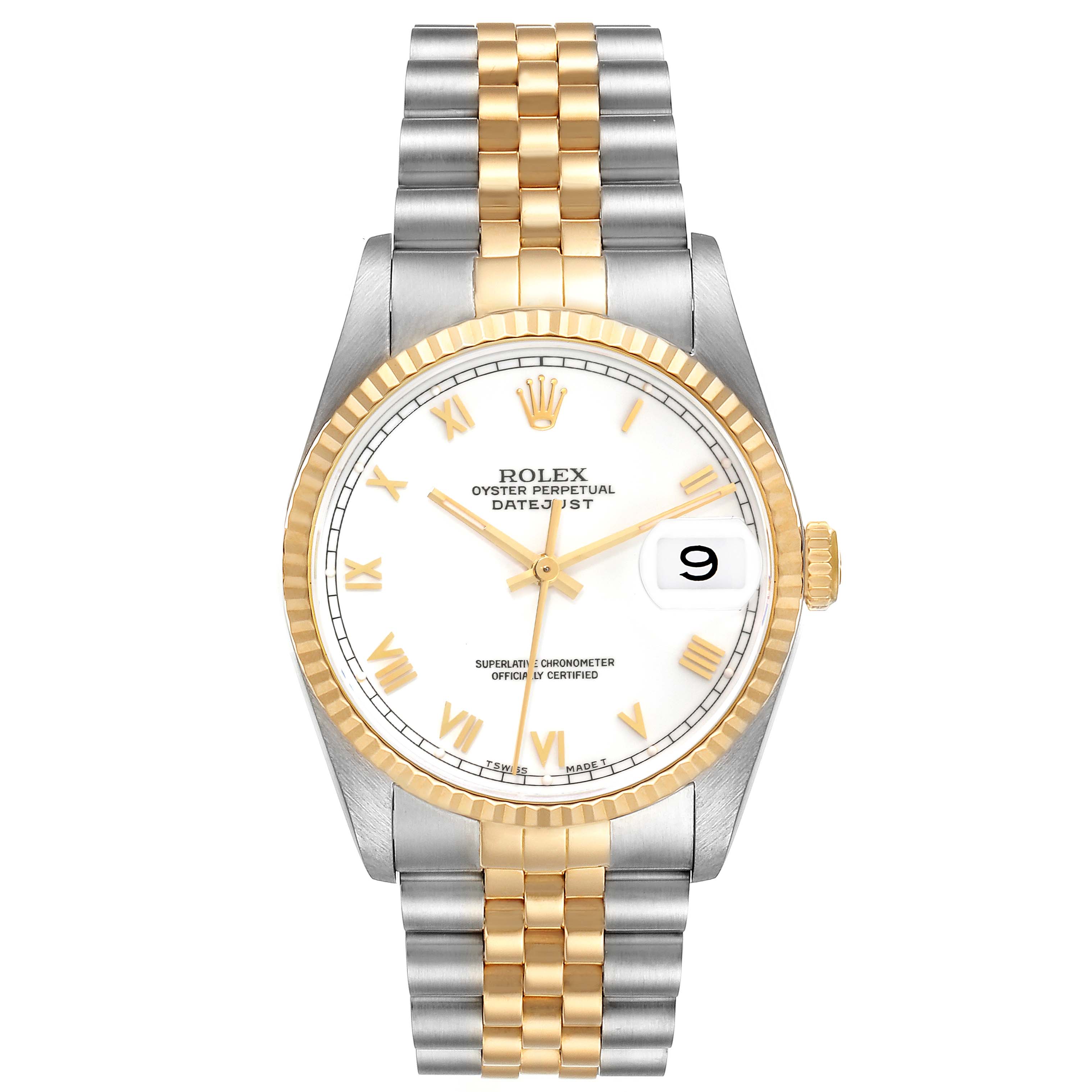 The image shows a frontal view of the Rolex Datejust 16233 Men's Steel and Gold (two tone) White Dial 16233 Men's Steel and Gold (two tone) White Dial watch, featuring a white dial, gold fluted bezel, and a two-tone Jubilee bracelet.