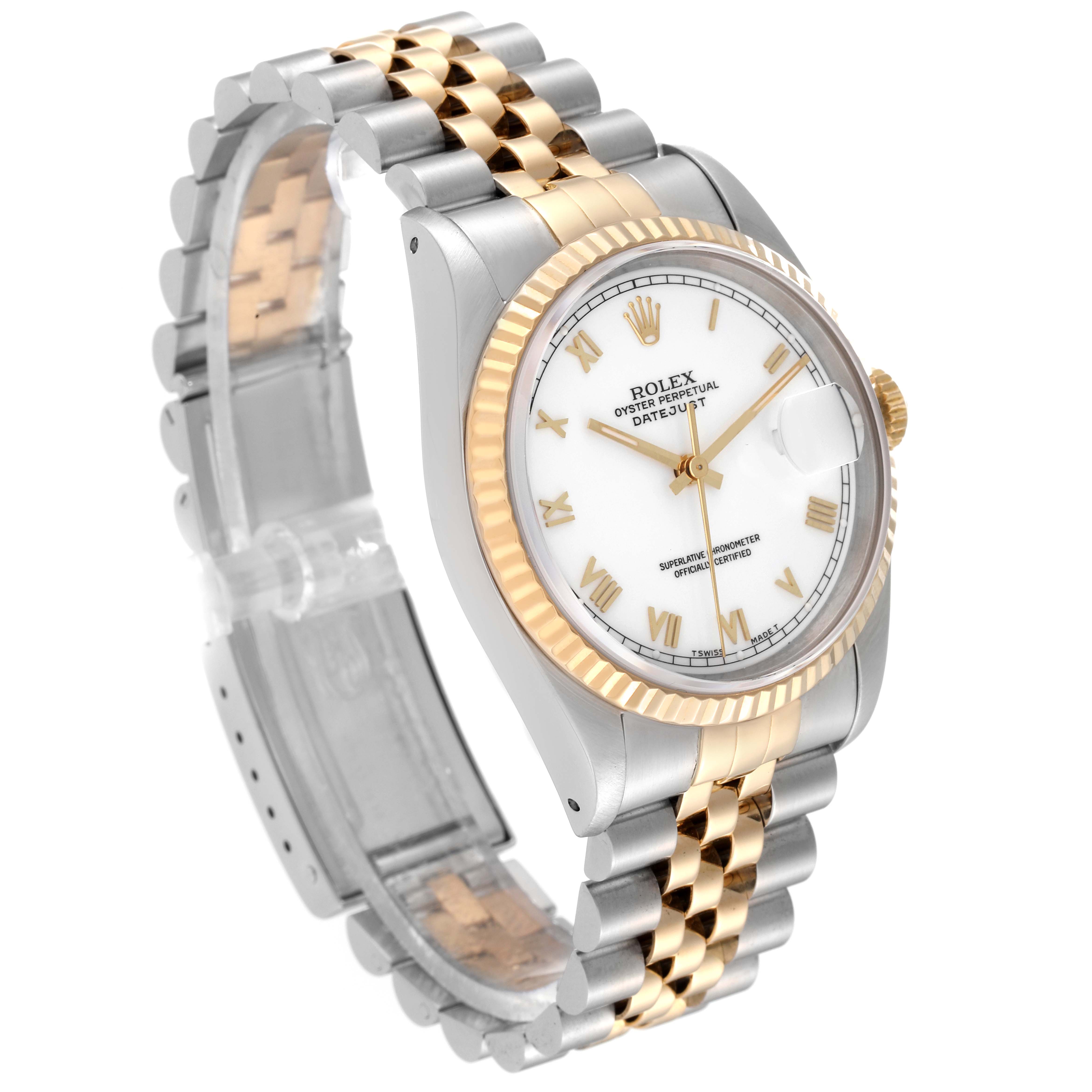 The Rolex Datejust 16233 Men's Steel and Gold (two tone) White Dial 16233 Men's Steel and Gold (two tone) White Dial watch is shown at a three-quarter angle, showcasing its white dial, gold fluted bezel, and two-tone bracelet.