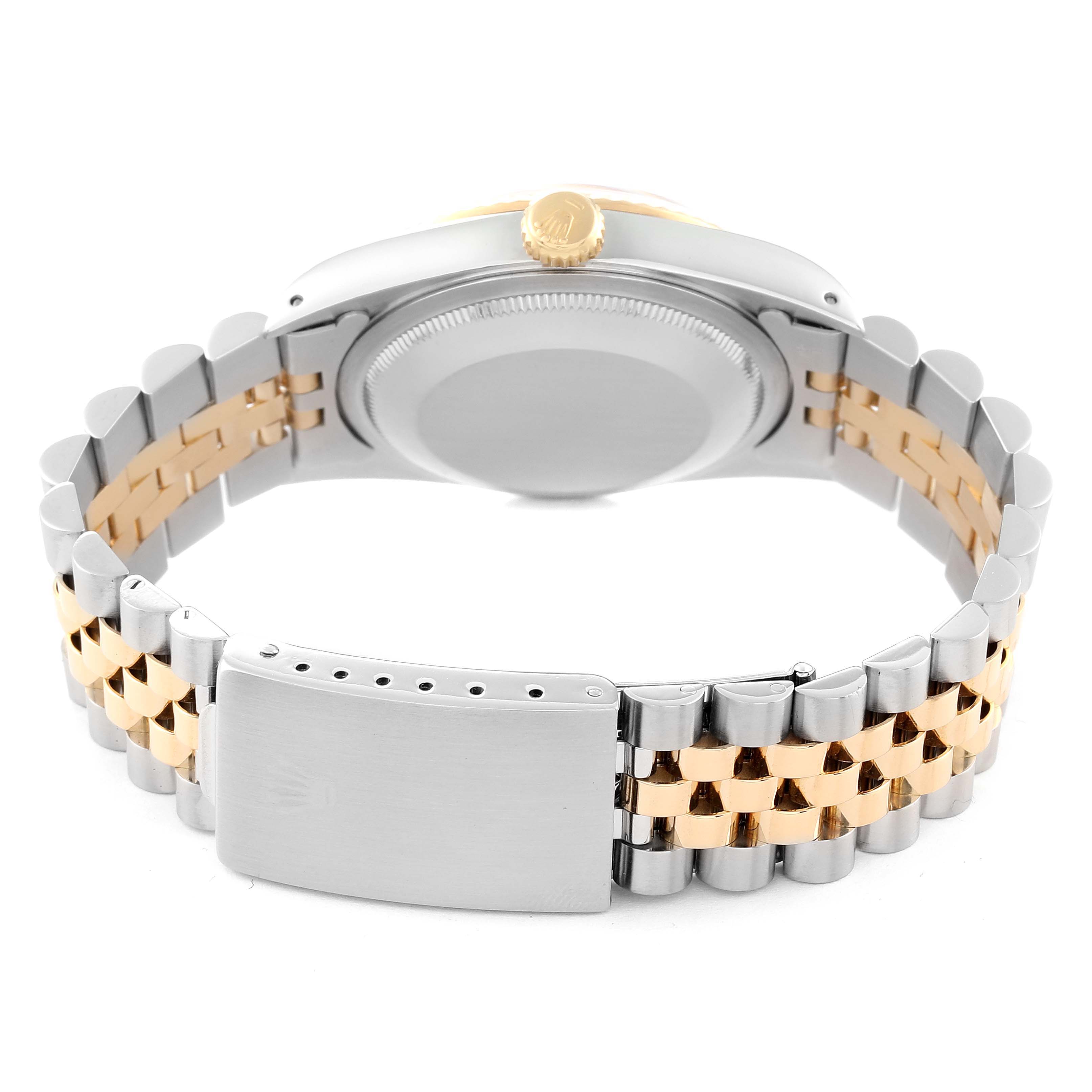 This image shows the back view of a Rolex Datejust 16233 Men's Steel and Gold (two tone) White Dial 16233 Men's Steel and Gold (two tone) White Dial model watch, highlighting the two-tone bracelet and case back.