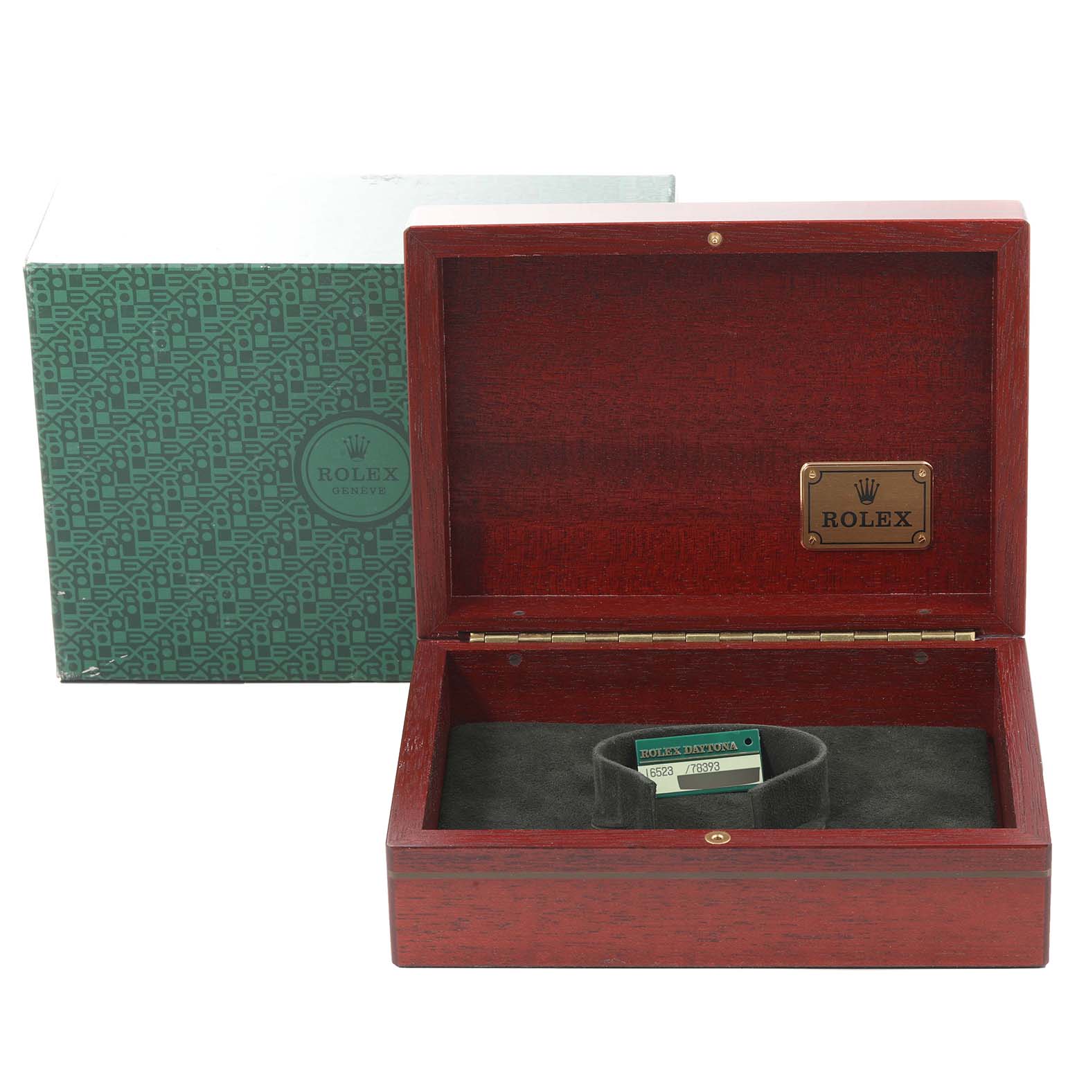 The image shows a Rolex Daytona 16523 Men's Steel and Gold (two tone) Black Dial 16523 Men's Steel and Gold (two tone) Black Dial watch box and a green Rolex packaging box.
