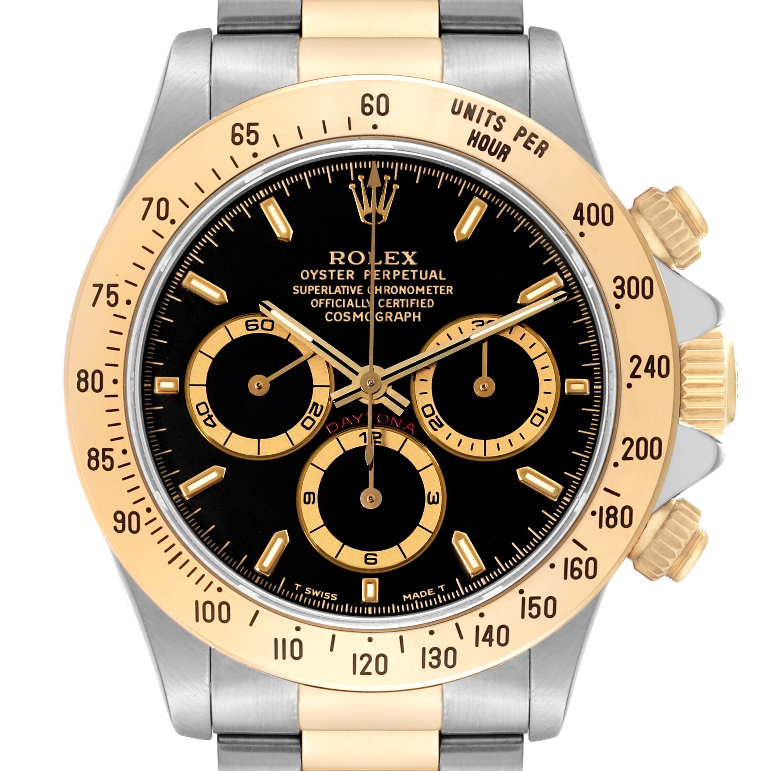 The image shows a front view of the Rolex Daytona 16523 Men's Steel and Gold (two tone) Black Dial 16523 Men's Steel and Gold (two tone) Black Dial watch, highlighting the dial, bezel, and pushers.