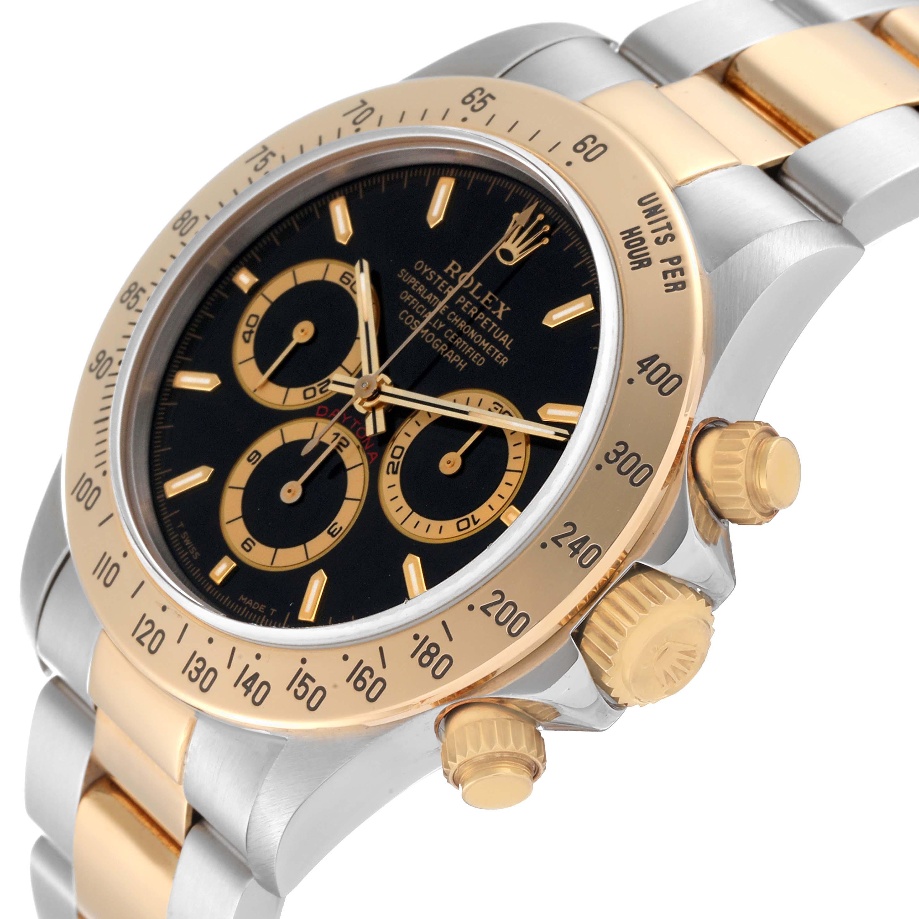 The image shows a close-up angle of the Rolex Daytona 16523 Men's Steel and Gold (two tone) Black Dial 16523 Men's Steel and Gold (two tone) Black Dial, highlighting its bezel, dial, crowns, and part of the bracelet.