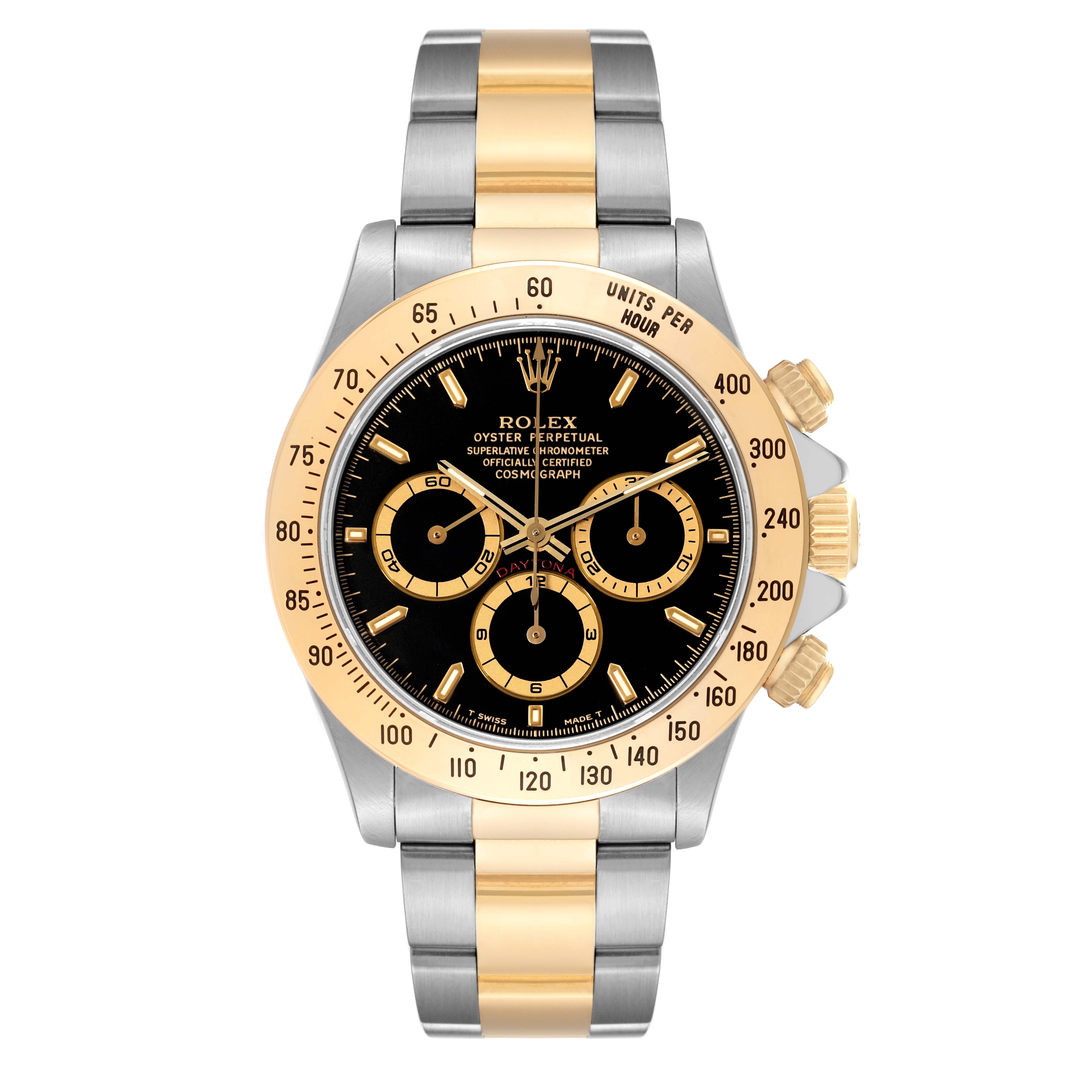 This image shows a front view of the Rolex Daytona 16523 Men's Steel and Gold (two tone) Black Dial 16523 Men's Steel and Gold (two tone) Black Dial watch, highlighting its black dial, gold bezel, and two-tone bracelet.