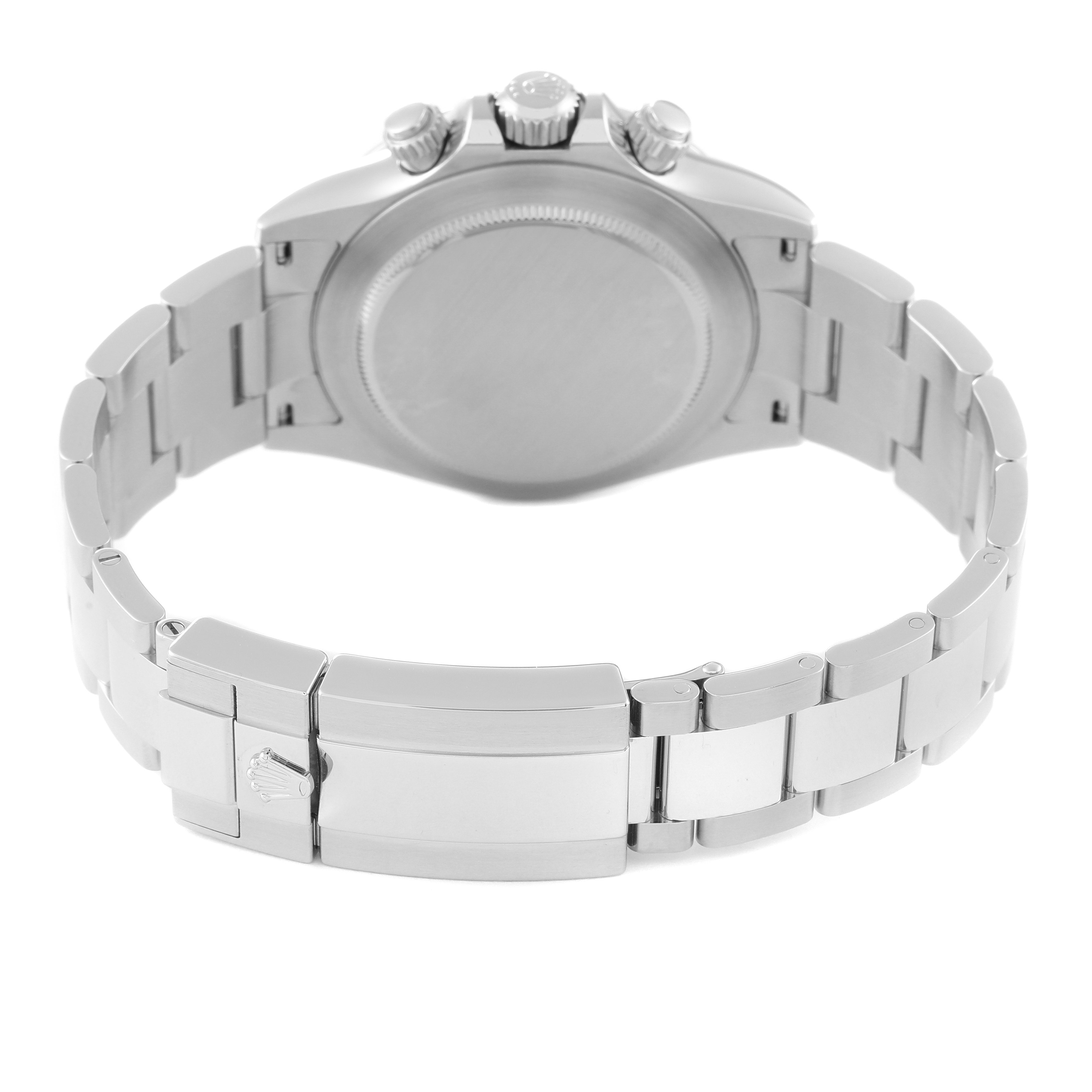 This image shows the backside and bracelet of a Rolex Daytona 116520 Men's Stainless Steel White Dial 116520 Men's Stainless Steel White Dial watch with its clasp and crown.