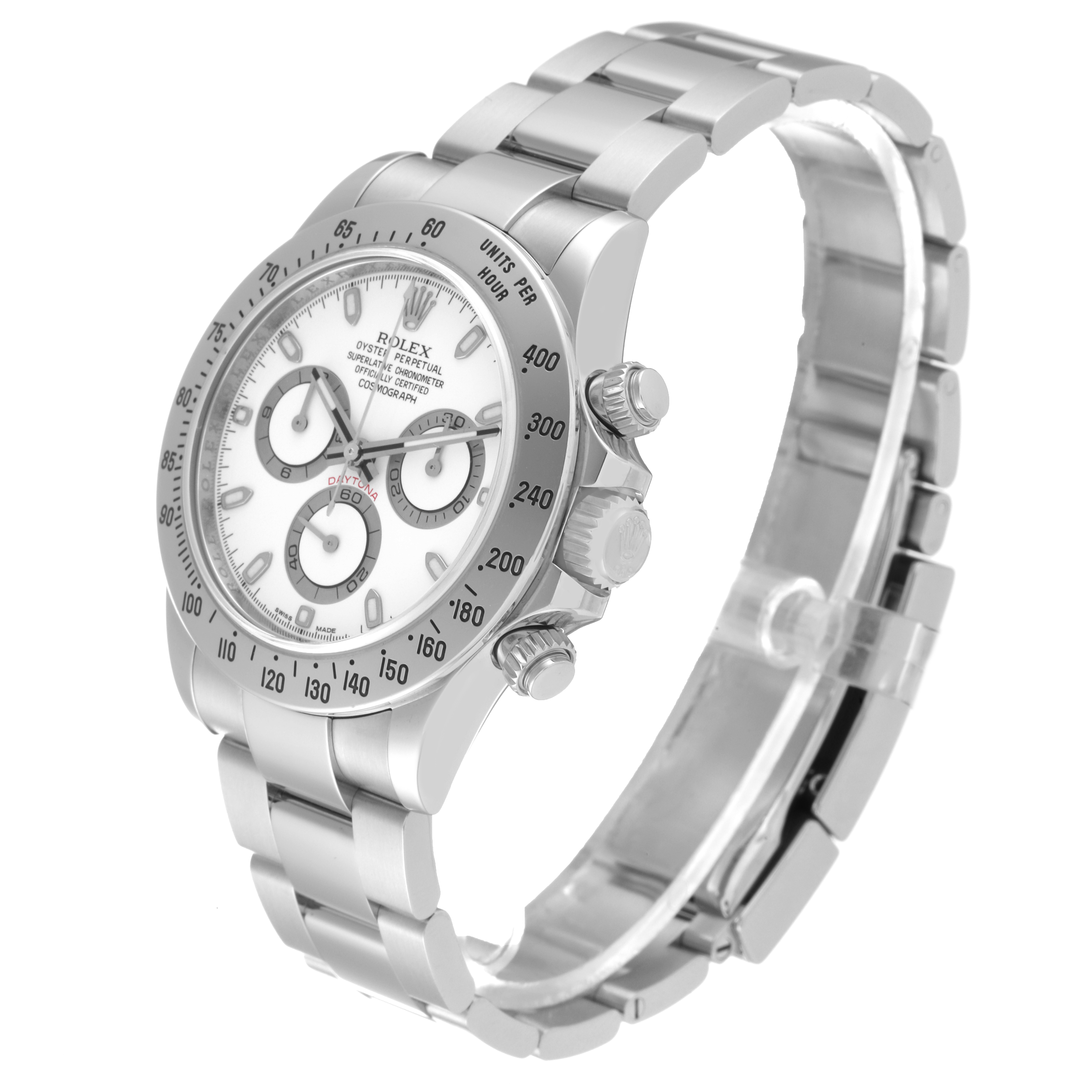 This image shows a Rolex Daytona 116520 Men's Stainless Steel White Dial 116520 Men's Stainless Steel White Dial watch at an angled side view, highlighting the dial, bezel, and metal bracelet.