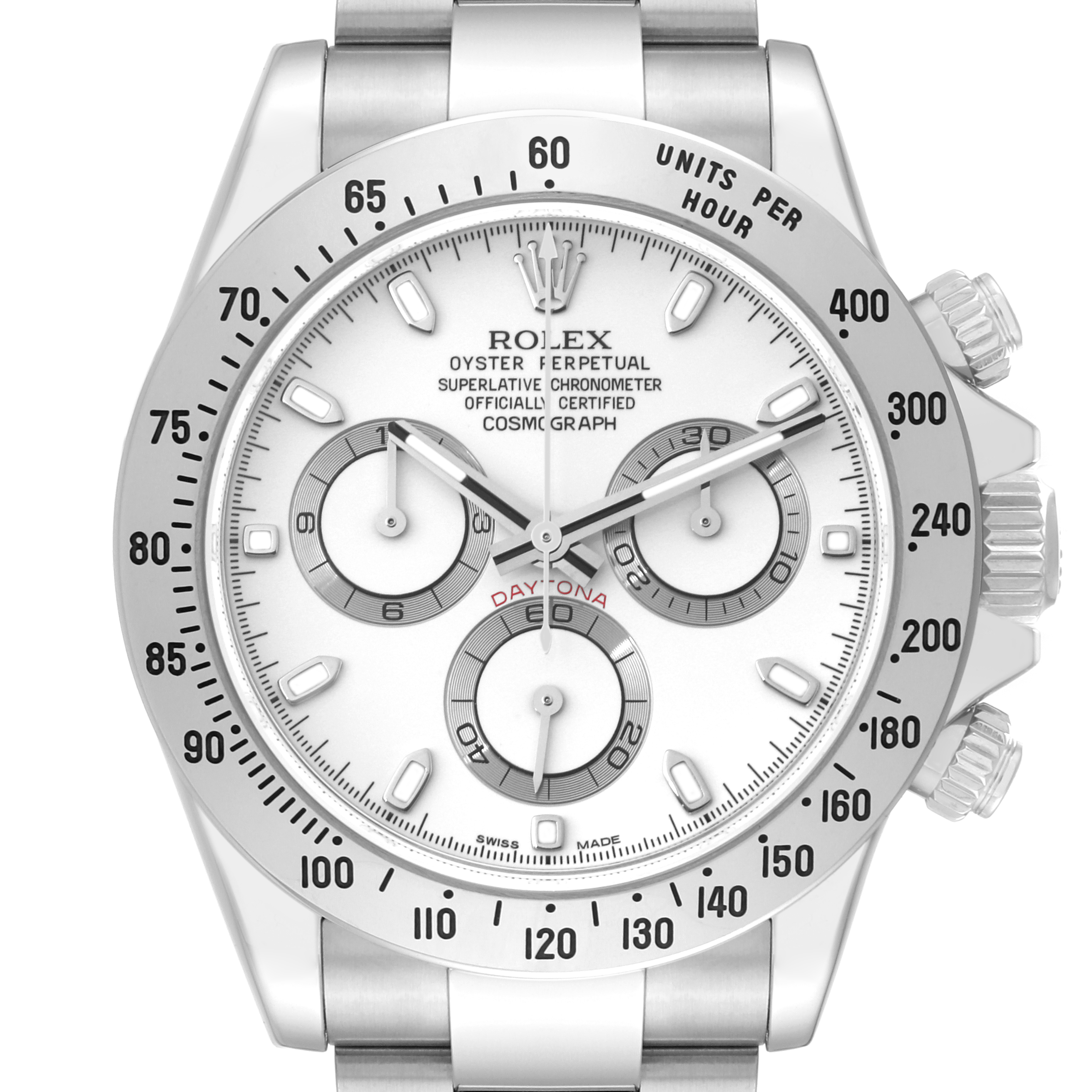 This image shows a front view of a Rolex Daytona 116520 Men's Stainless Steel White Dial 116520 Men's Stainless Steel White Dial watch, highlighting the dial, bezel, and three subdials.