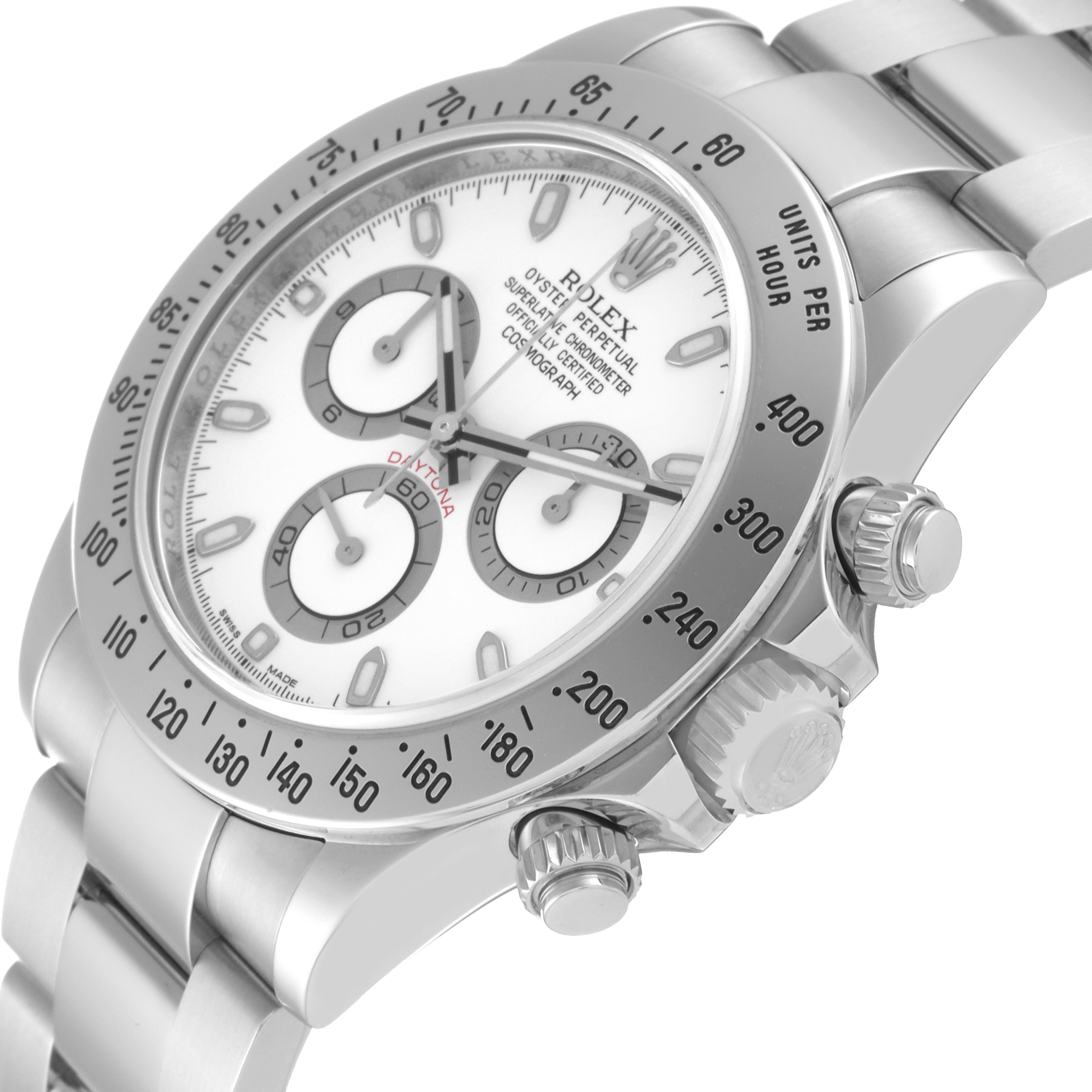 The image shows a close-up angled shot of the Rolex Daytona 116520 Men's Stainless Steel White Dial 116520 Men's Stainless Steel White Dial watch, highlighting the dial, bezel, and crown.