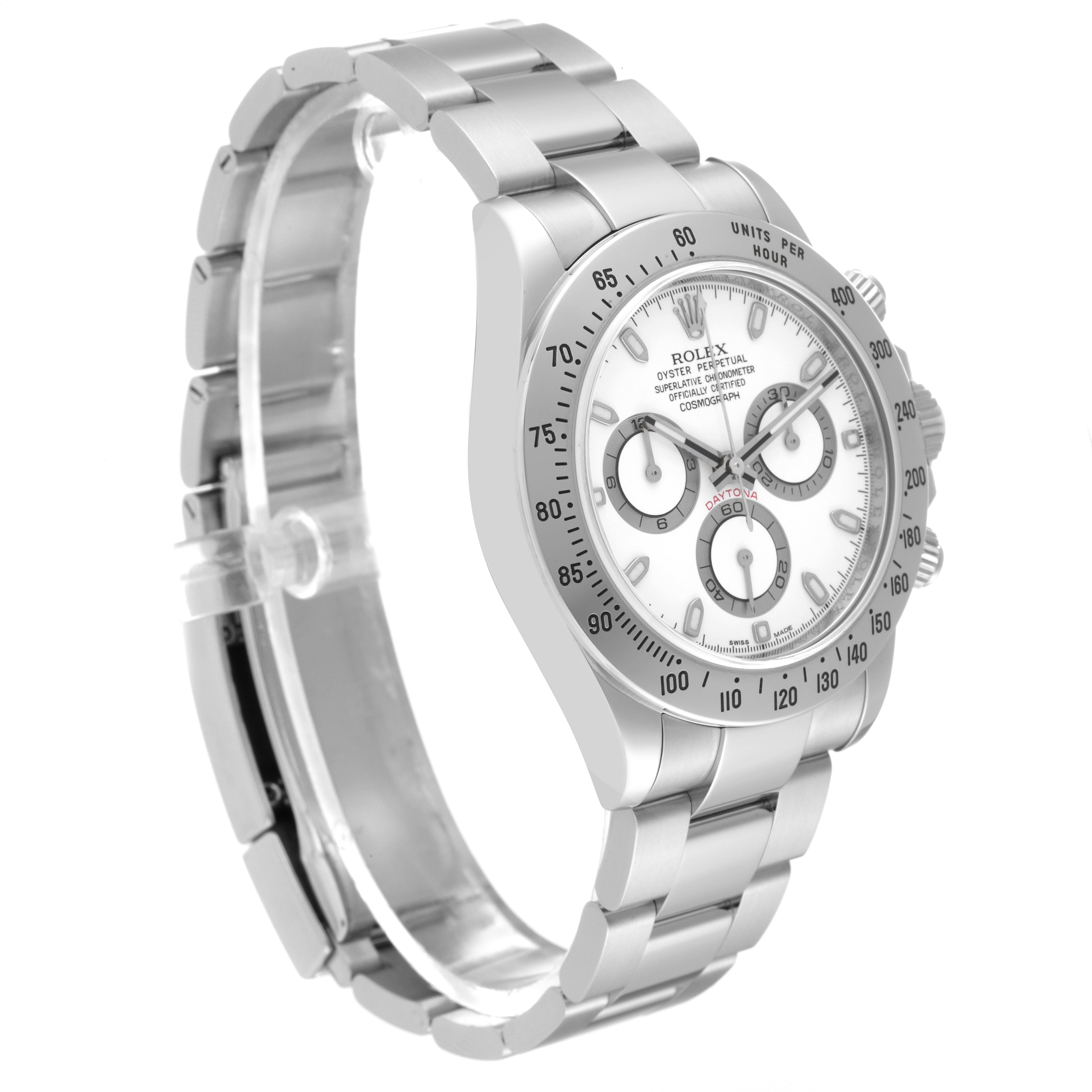 The image shows a side angle of the Rolex Daytona 116520 Men's Stainless Steel White Dial 116520 Men's Stainless Steel White Dial watch, highlighting its face, bezel, and bracelet.