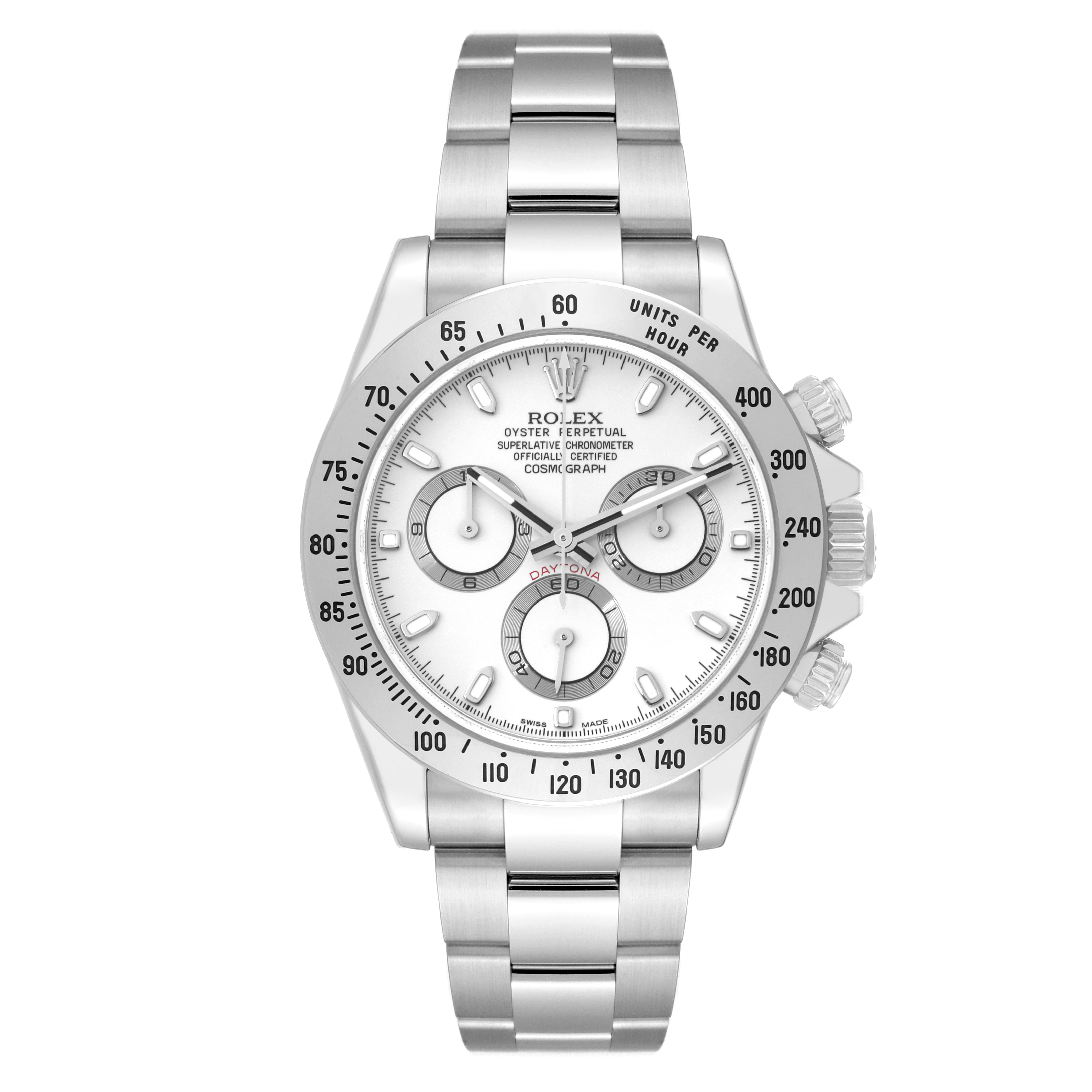 The Rolex Daytona 116520 Men's Stainless Steel White Dial 116520 Men's Stainless Steel White Dial watch is shown from a straight front angle, displaying its face, bezel, and metal bracelet.