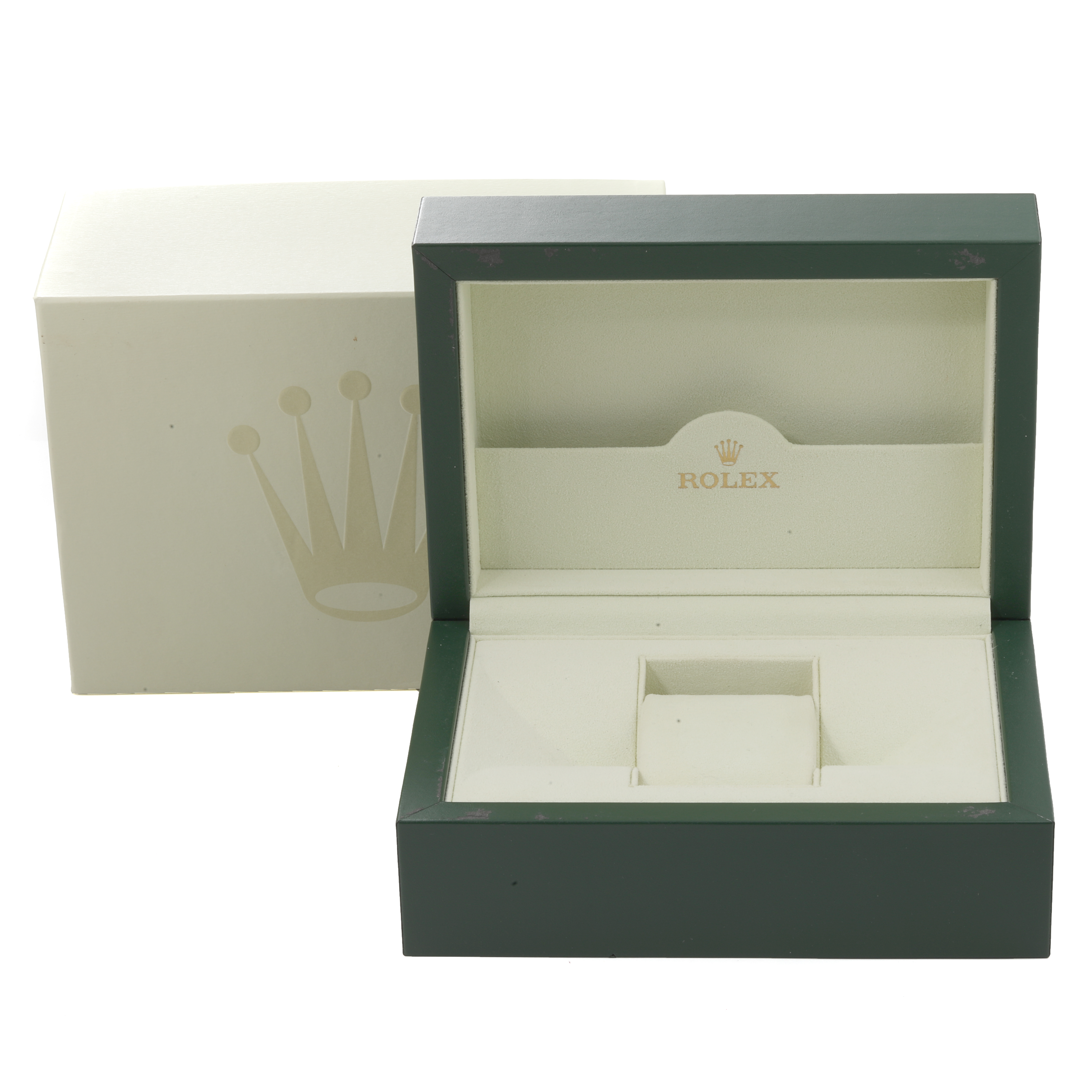 The image shows an open Rolex watch box with a beige interior and a dark green exterior, likely for the Daytona model.