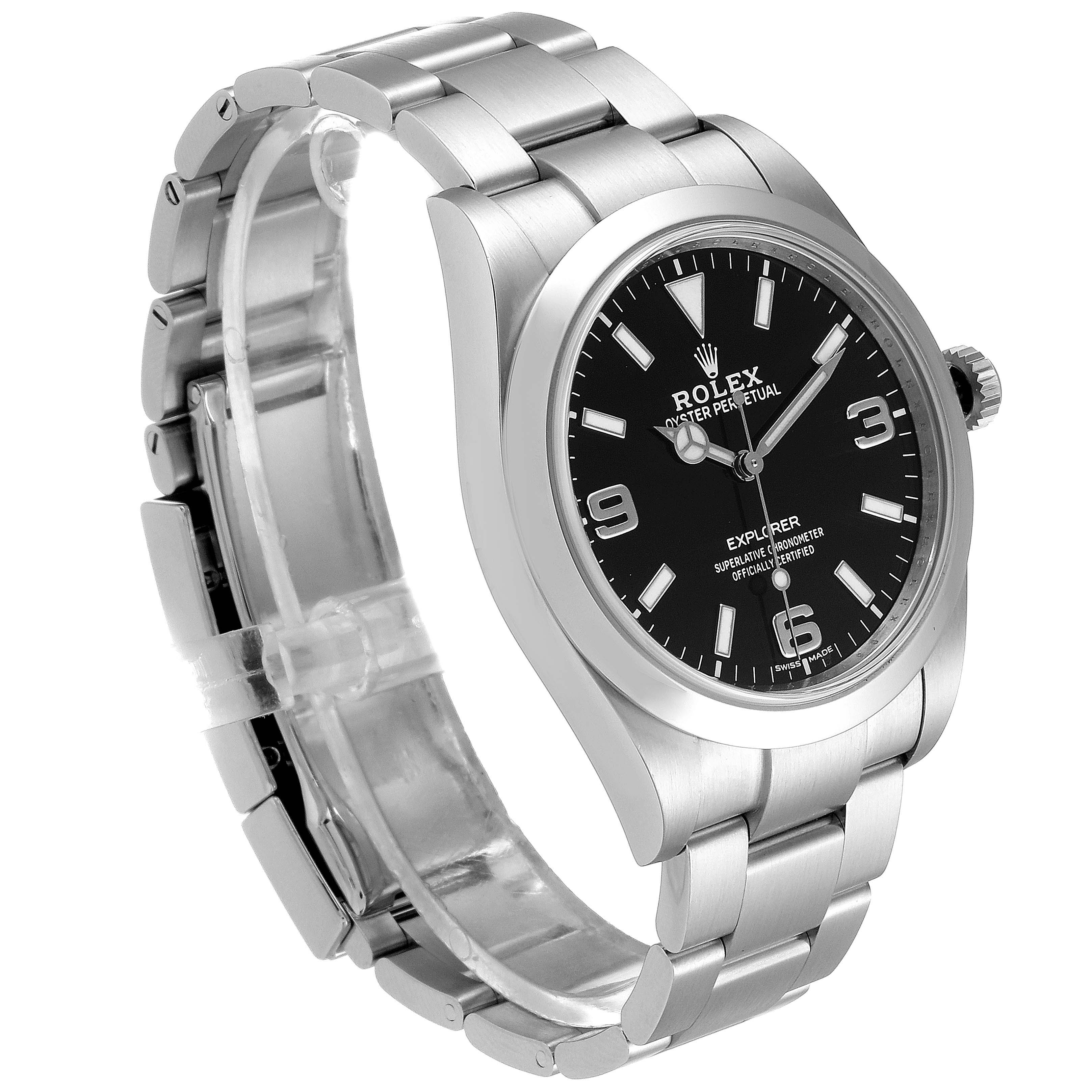 The Rolex Explorer 214270 Men
s Stainless Steel Black Dial 214270 Men
s Stainless Steel Black Dial watch is displayed at an angle showing the watch
s face, bezel, and stainless steel bracelet.