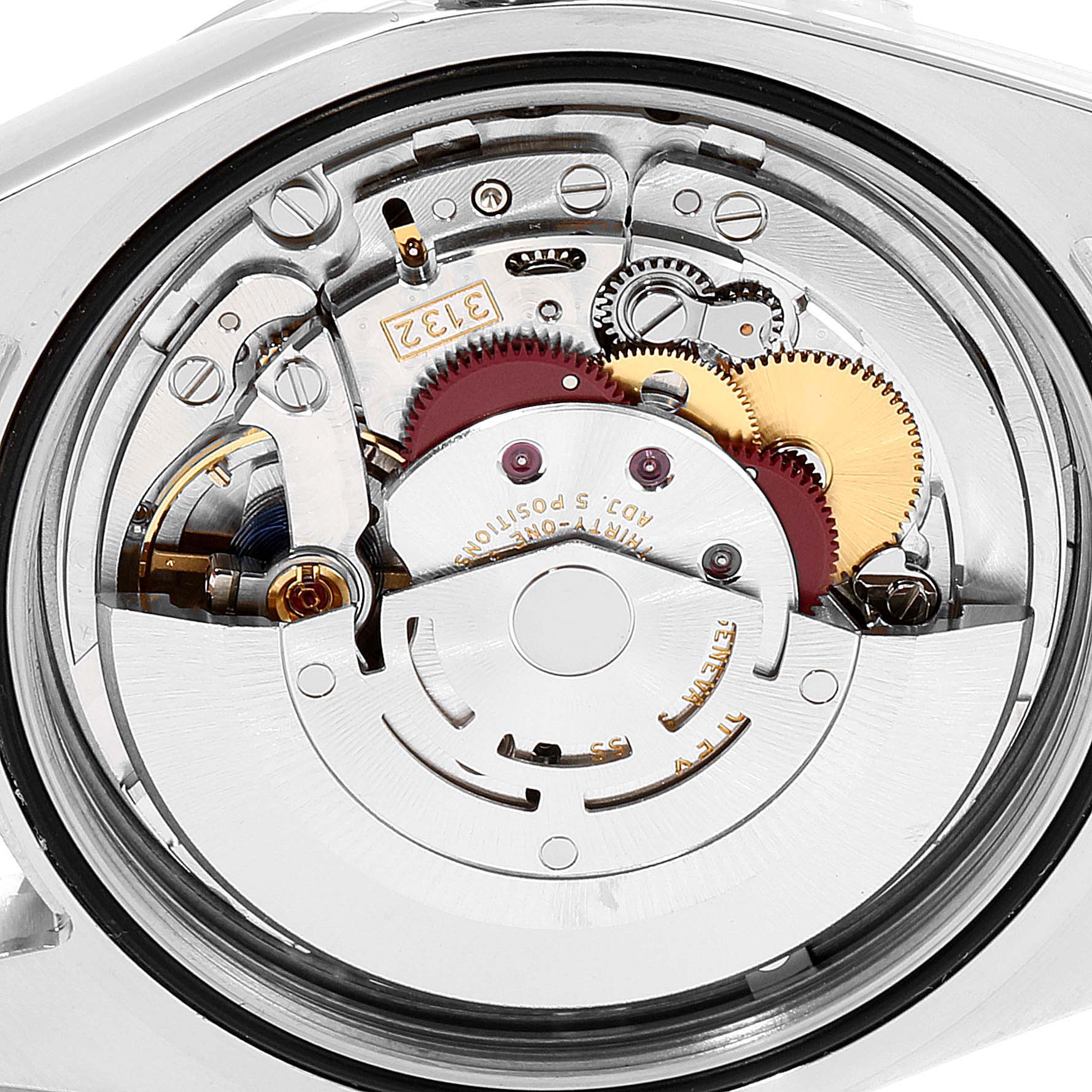 The image shows the intricate inner mechanics and movement parts of a Rolex Explorer 214270 Men
s Stainless Steel Black Dial 214270 Men
s Stainless Steel Black Dial model, viewed from the back.