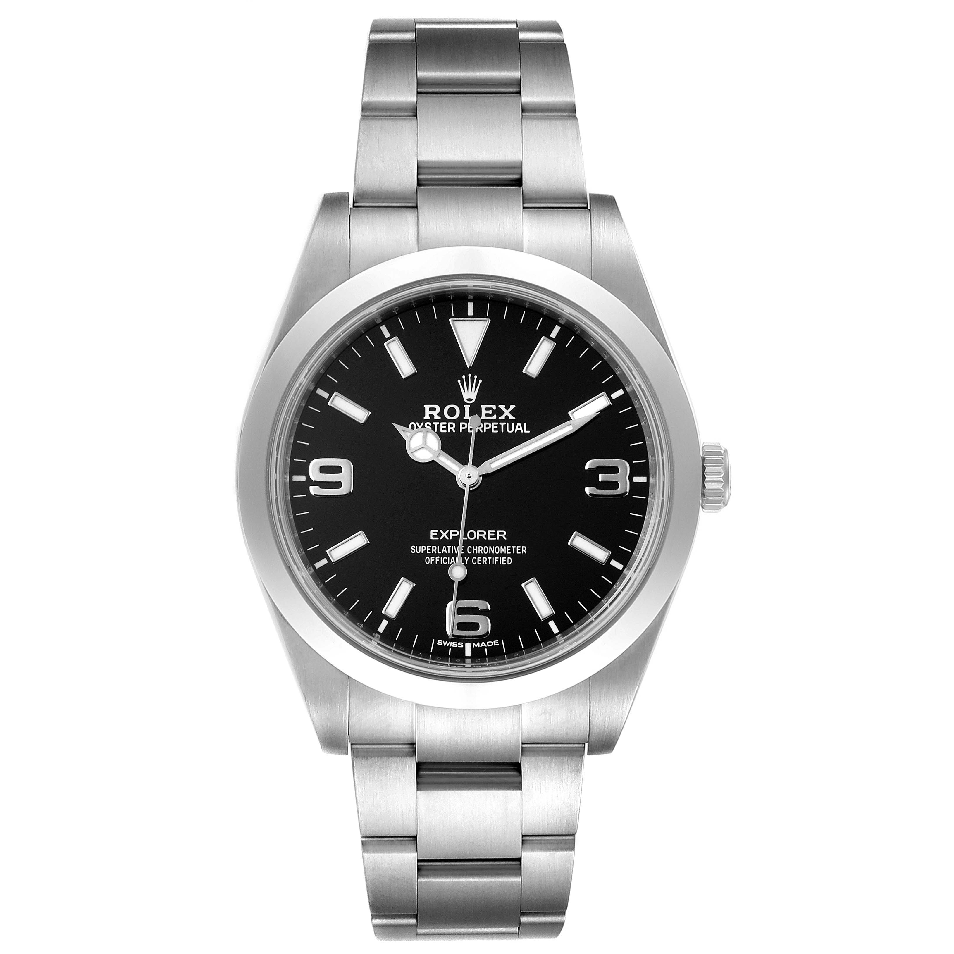 This Rolex Explorer 214270 Men
s Stainless Steel Black Dial 214270 Men
s Stainless Steel Black Dial watch is shown from the front, displaying the dial, hands, bezel, and bracelet.